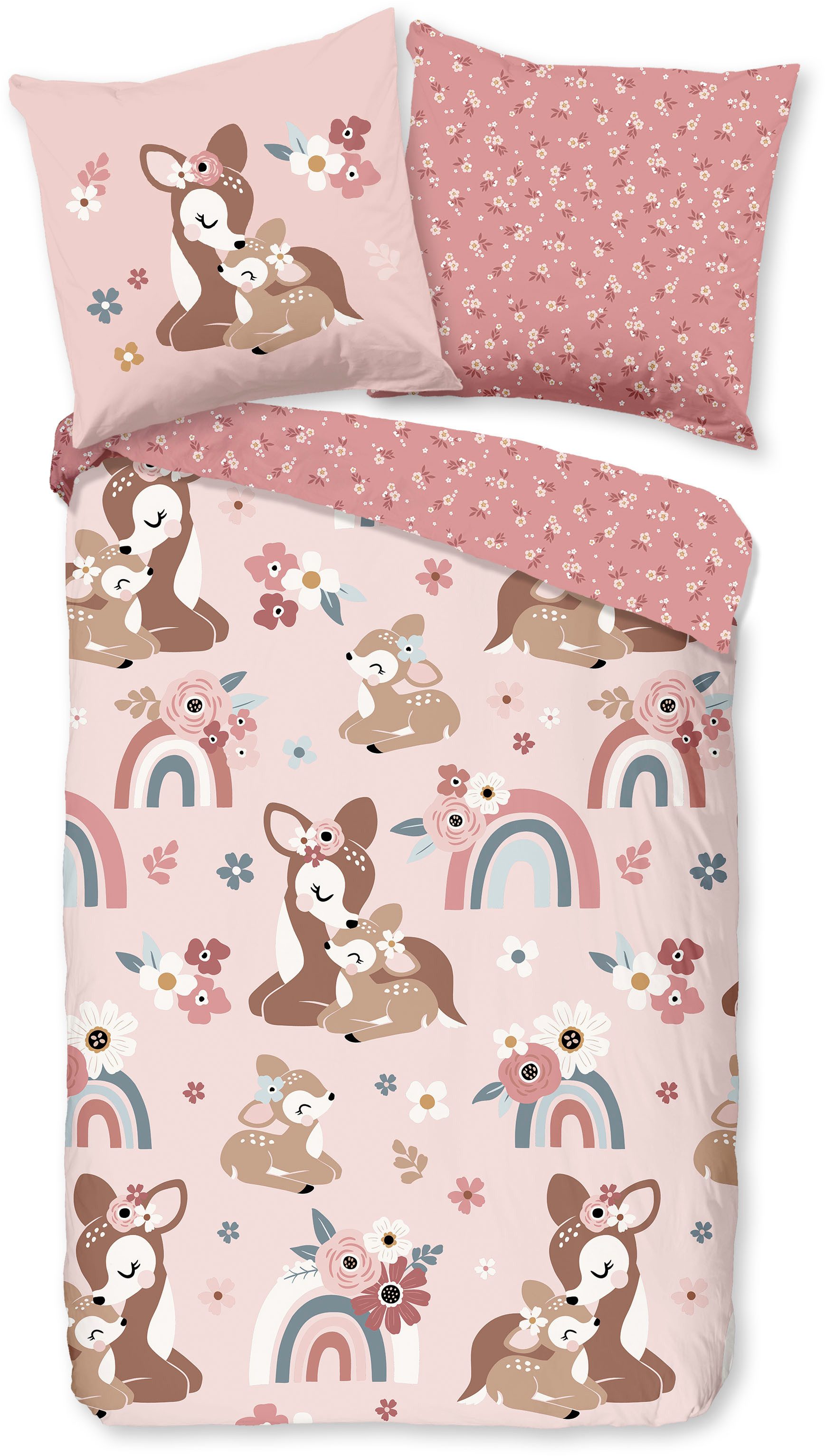 good morning Kinderbettwäsche Bibi blossom, Renforcé, 2 teilig, Baumwolle, 135x200, Reißverschluss, Wende, Kind, Mädchen, Bambi, Rosa – Bild 2 von 5