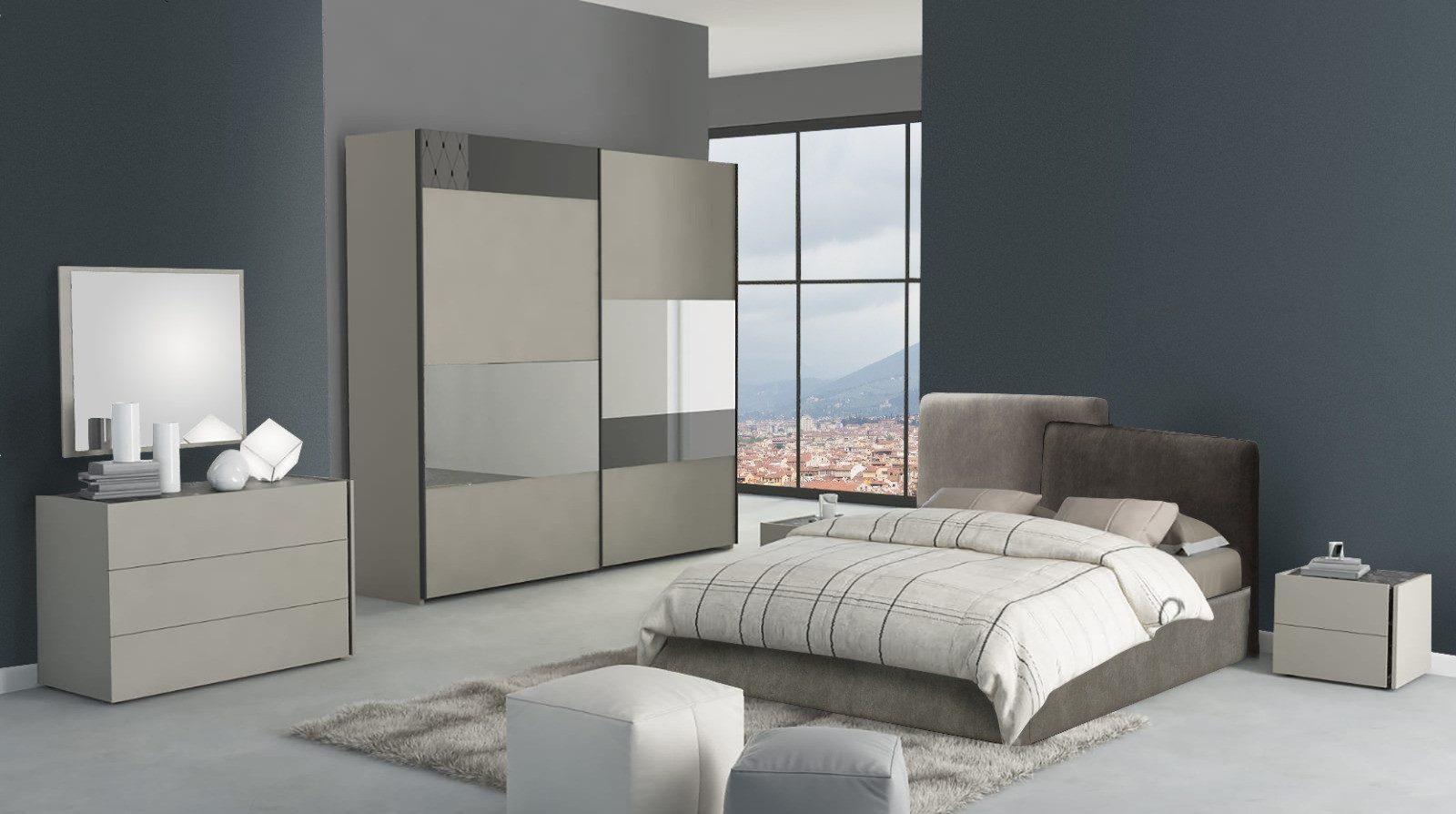 Interdesign24 Schlafzimmer-Set Nicole, (6-Teilig, im modernen Design, inkl. Schiebetürenschrank und Polsterbett), in Graubeige