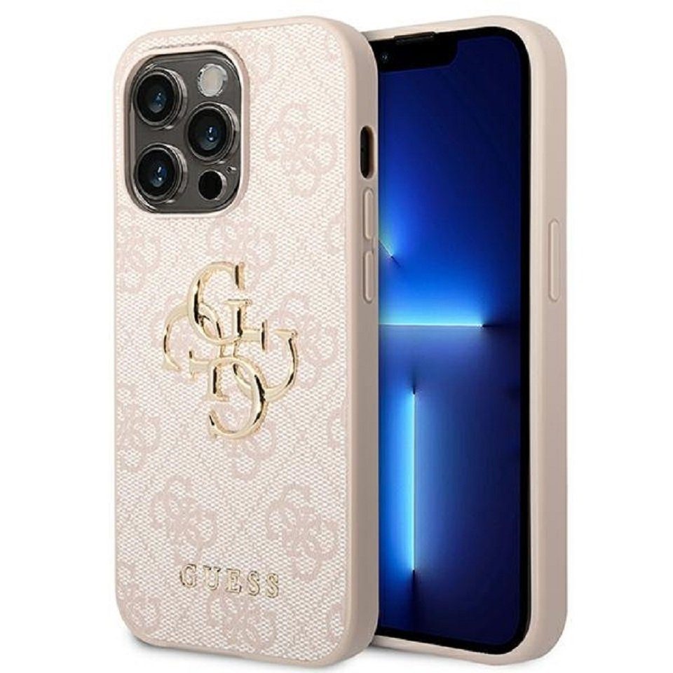 Handyhülle Case iPhone 14 Pro Kunstleder rosa mit goldfarbenem Muster