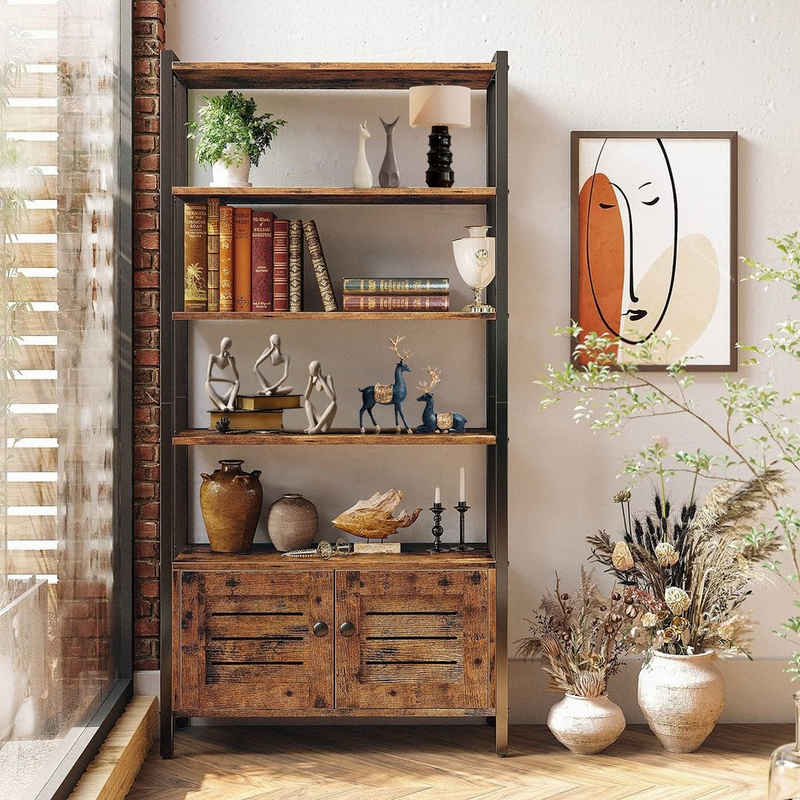 MULISOFT Bücherregal Bücherregal 5 Fächer, Aufbewahrungsregal mit Metallrahmen 75x28x144cm, Standregal Bücherschrank mit Schrank für Wohnzimmer Büro