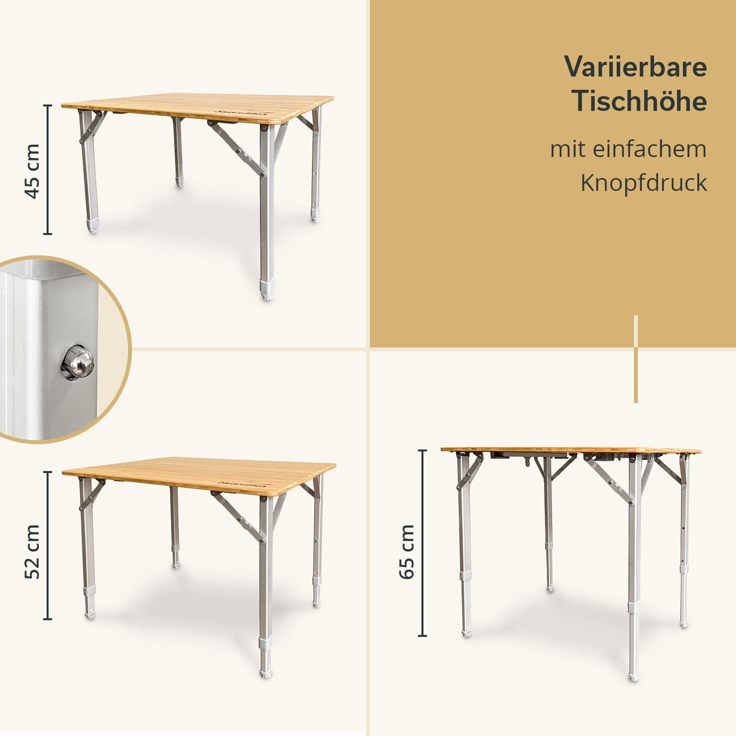 Skandika Campingtisch Tolja Bambus Falttisch mit Netzablage, 3-Fach höhenverstellbar (Netzablage (Klettbefestigung), Verstellbare Füße), Tragetasche, wetterfest, UV-beständig, Klapptisch für Garten, Balkon