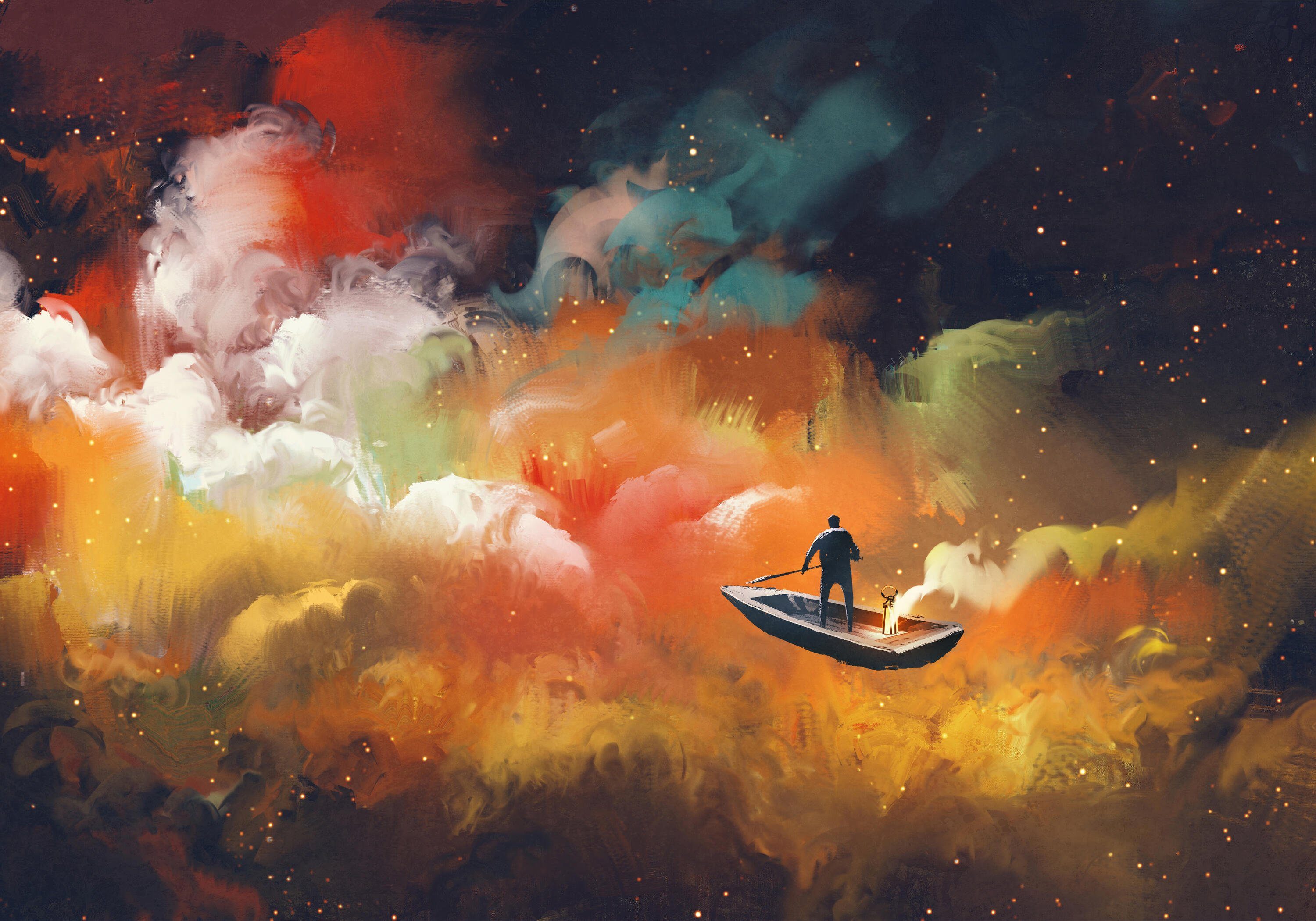 wandmotiv24 Fototapete Gemälde mit matt, Wandtapete, Mann Wolken Vliestapete glatt, im Boot, Motivtapete