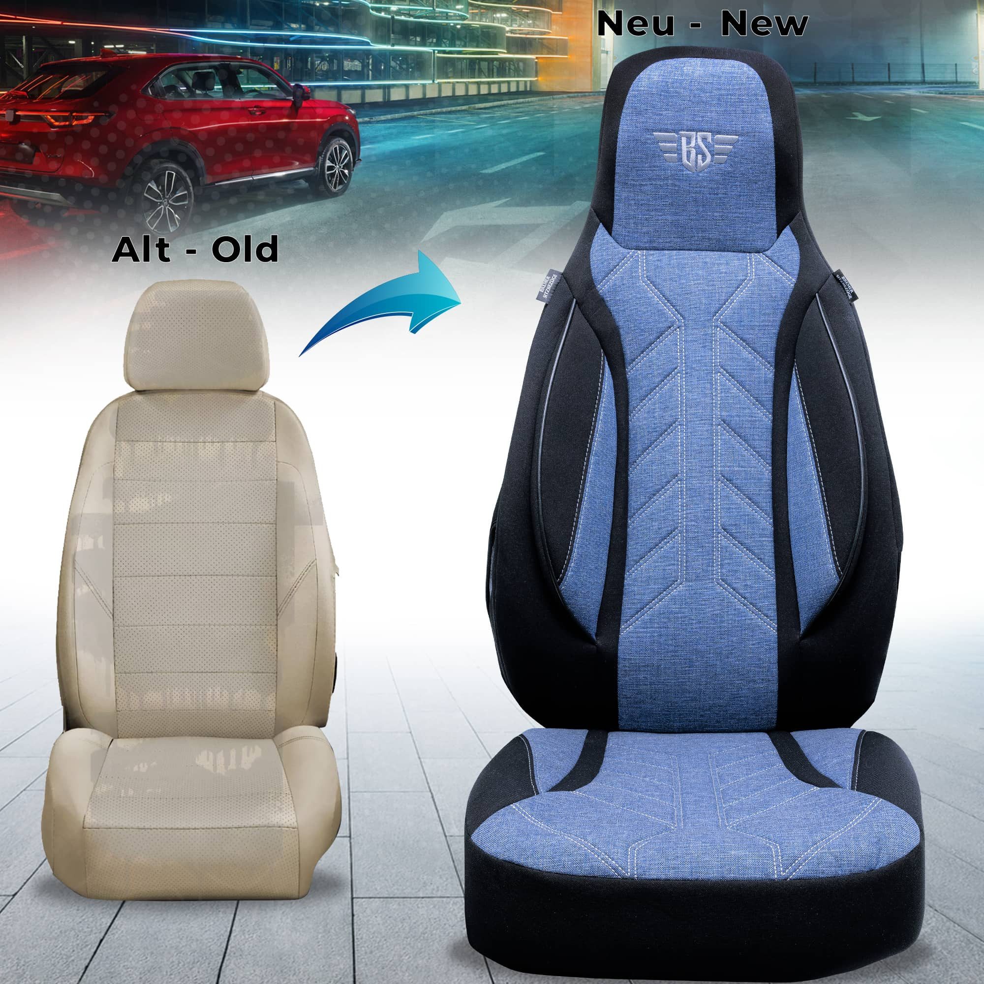 BREMER SITZBEZÜGE Autositzbezug für Opel Zafira-Life D Bj ab 2019 (PLKT206), Set, Schonbezüge Sitzbezüge Fahrer und Beifahrer, in Schwarz/Blau