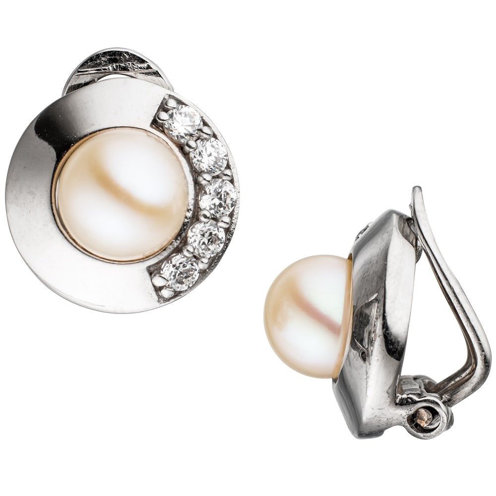 Schmuck Krone Paar Ohrclips Ohrclips mit Perlen & Zirkonia, 925 Silber, Silber 925