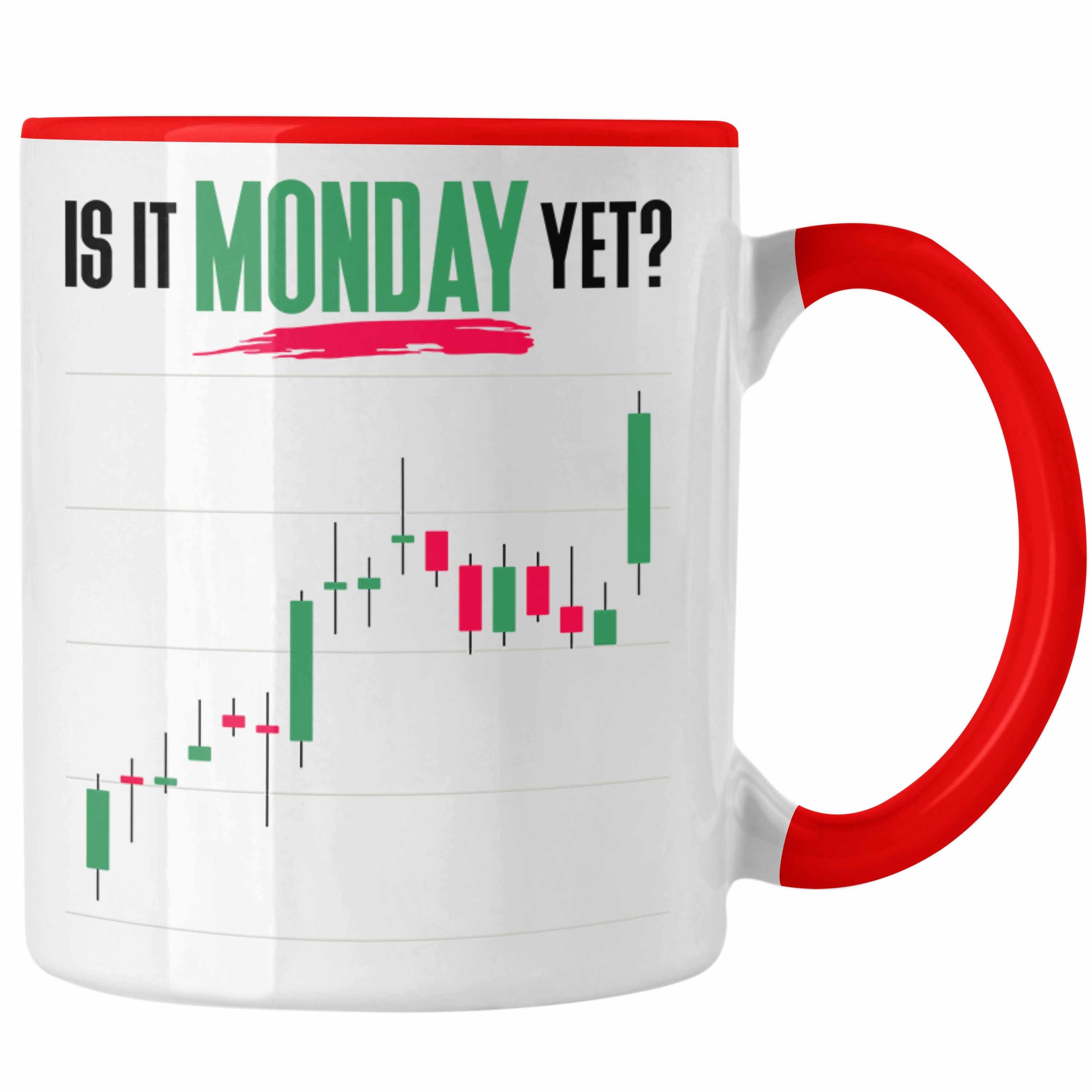 Trendation Tasse Aktien Tasse "Is It Monday Yet?" Lustiges Geschenk für Trading Aktien Rot