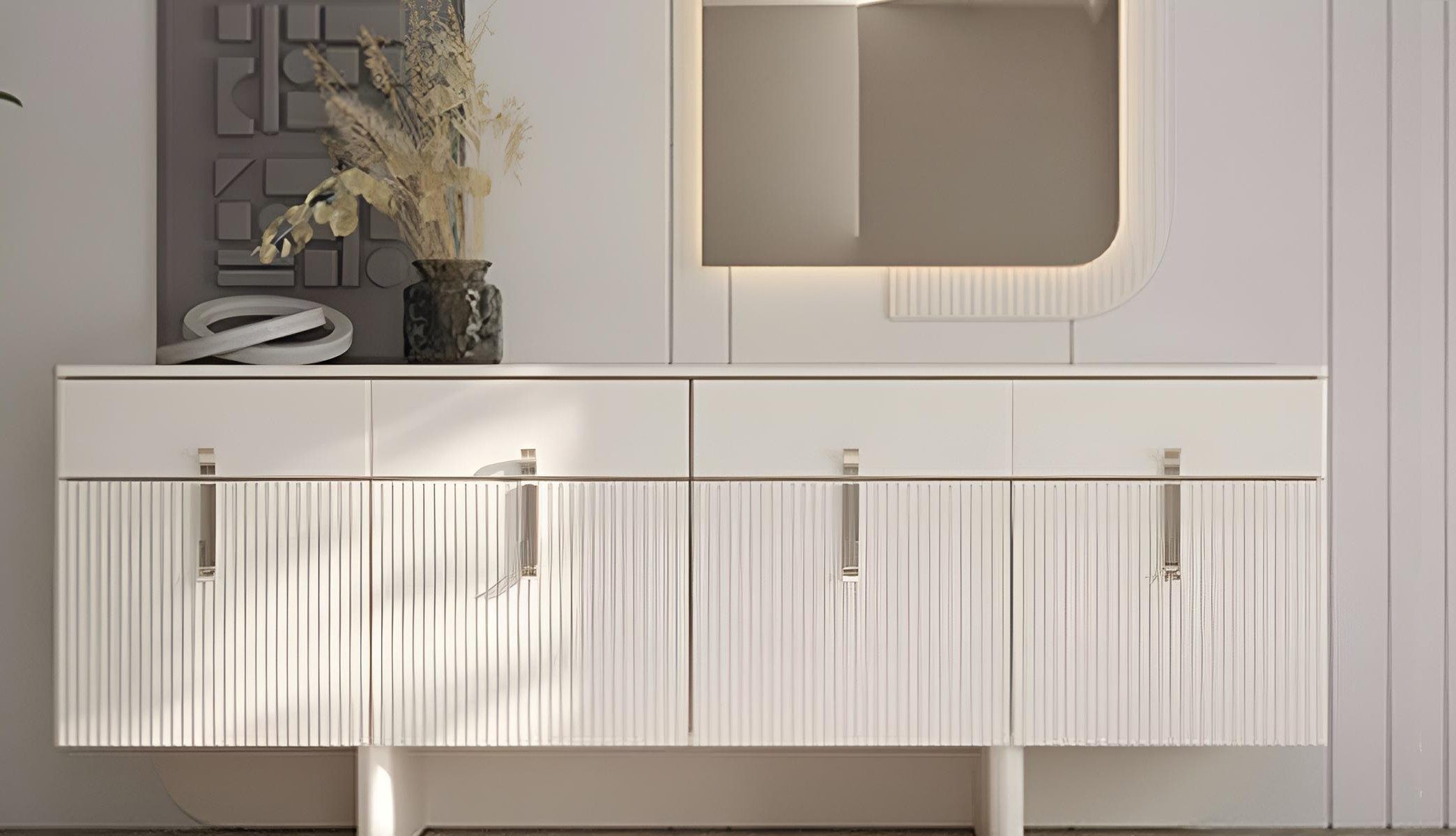 Xlmoebel Sideboard Konsolentisch mit Spiegel in Beige und eleganten Holzdetails, Made in Europa