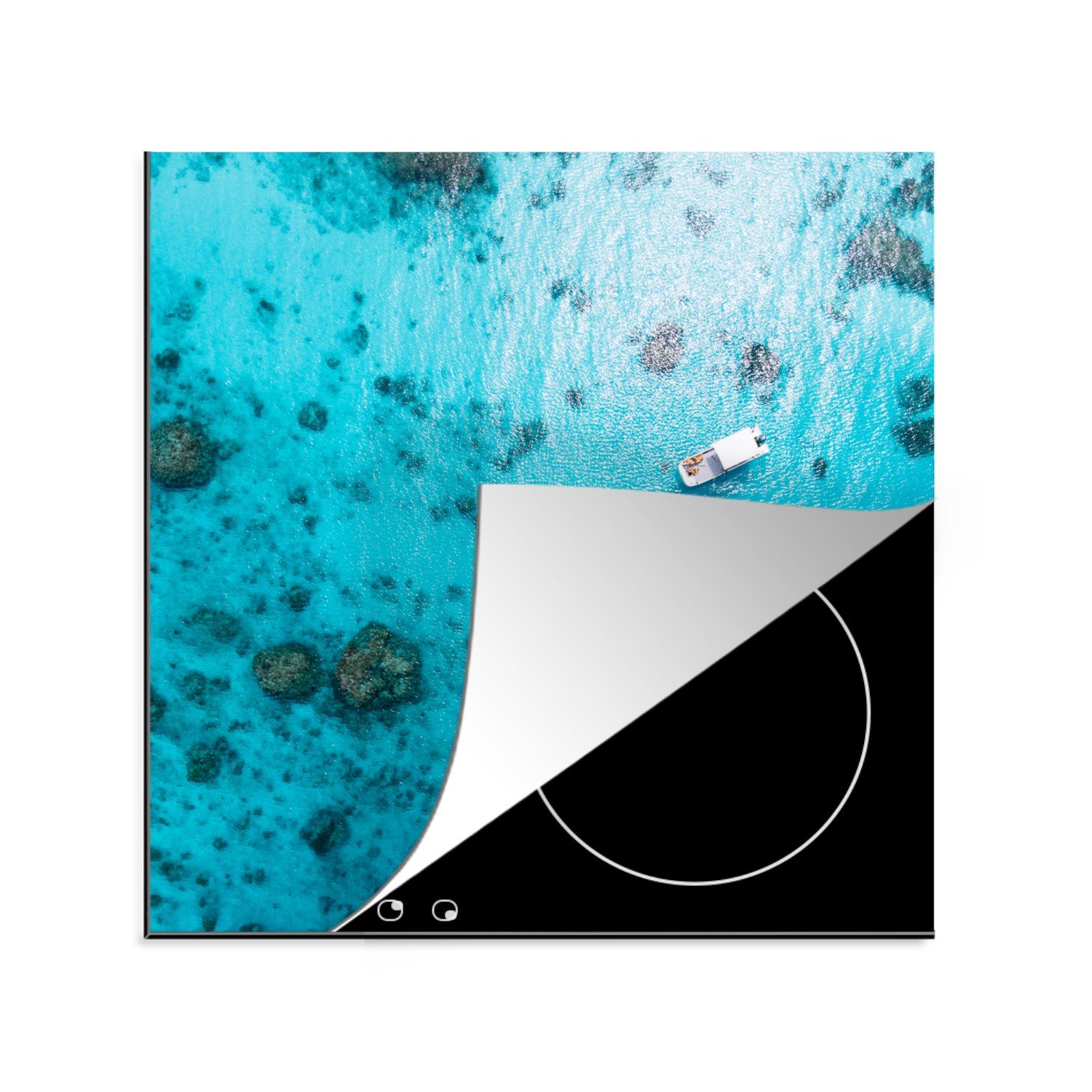 MuchoWow Herdblende-/Abdeckplatte Meer - Boot - Sonne, Vinyl, (1 tlg), 78x78 cm, Ceranfeldabdeckung, Arbeitsplatte für küche