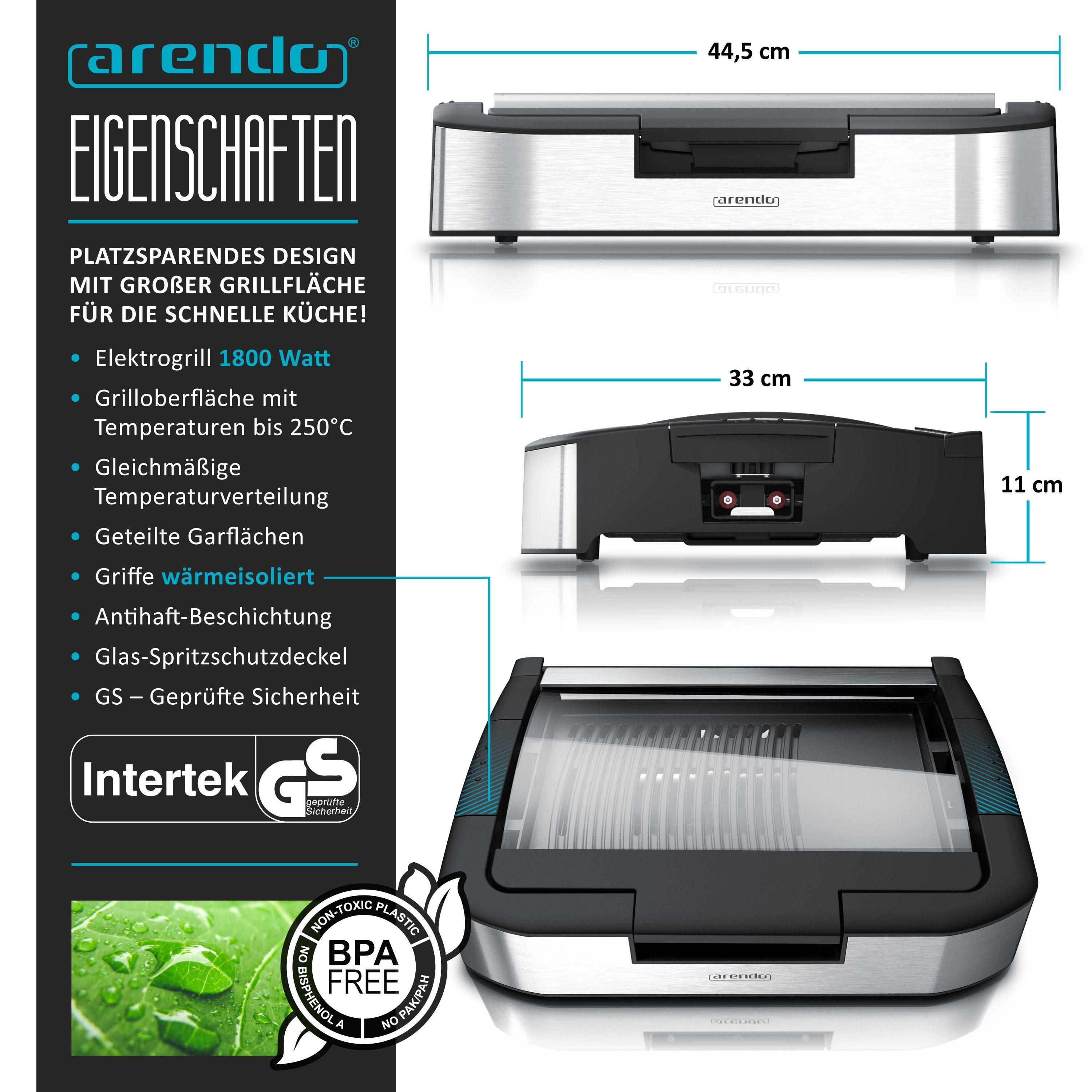 Arendo Tischgrill Gourmet Elektrogrill mit Glasabdeckung, Edelstahl, mit 5 Stufen, 1800 W, Antihaftbeschichtung, Temperaturregelung, für Balkon, Garten & Indoor