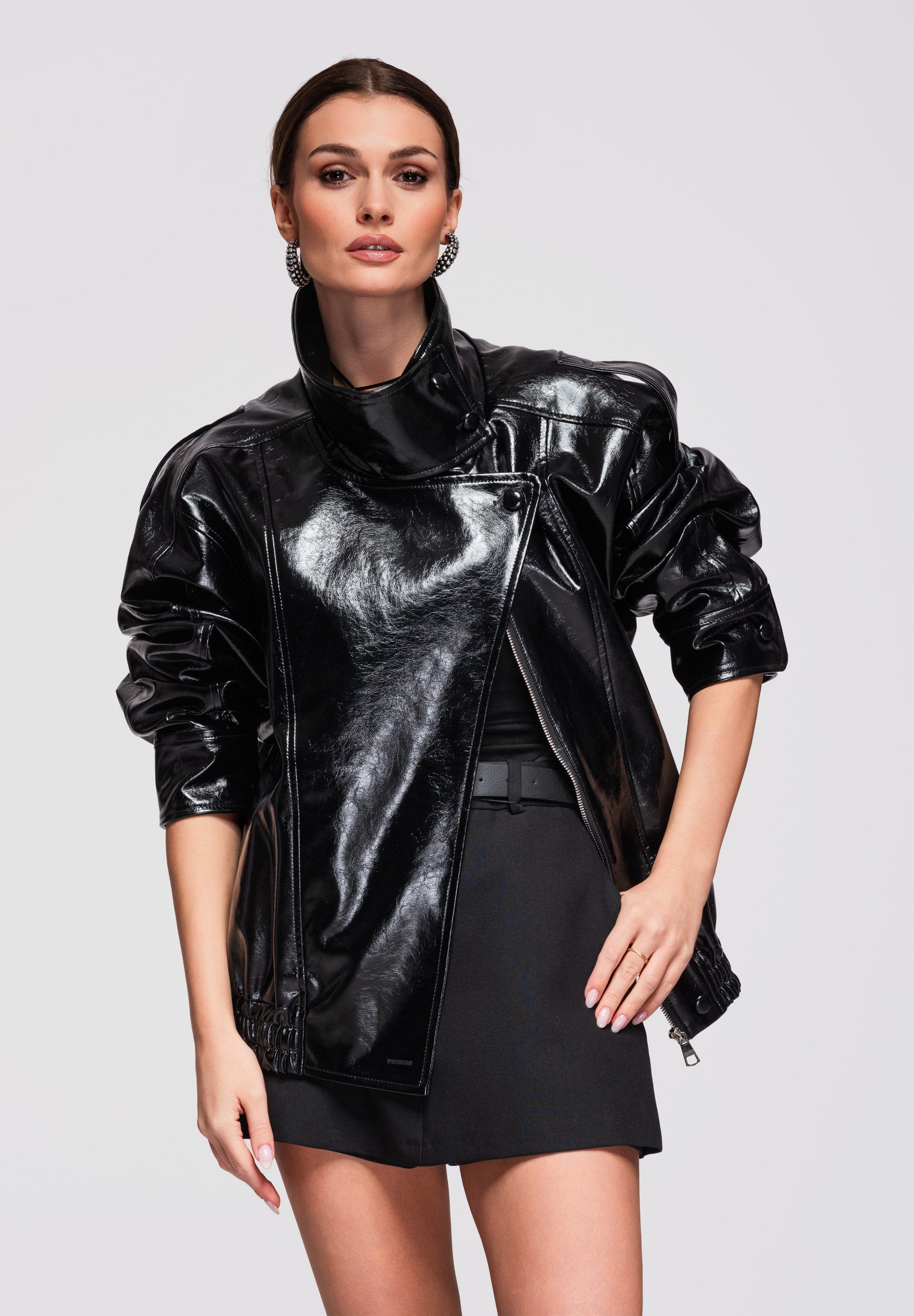 OMBRE Lederimitatjacke Oversize-Damenjacke mit überschnittener Schulter und hohem Stehkragen