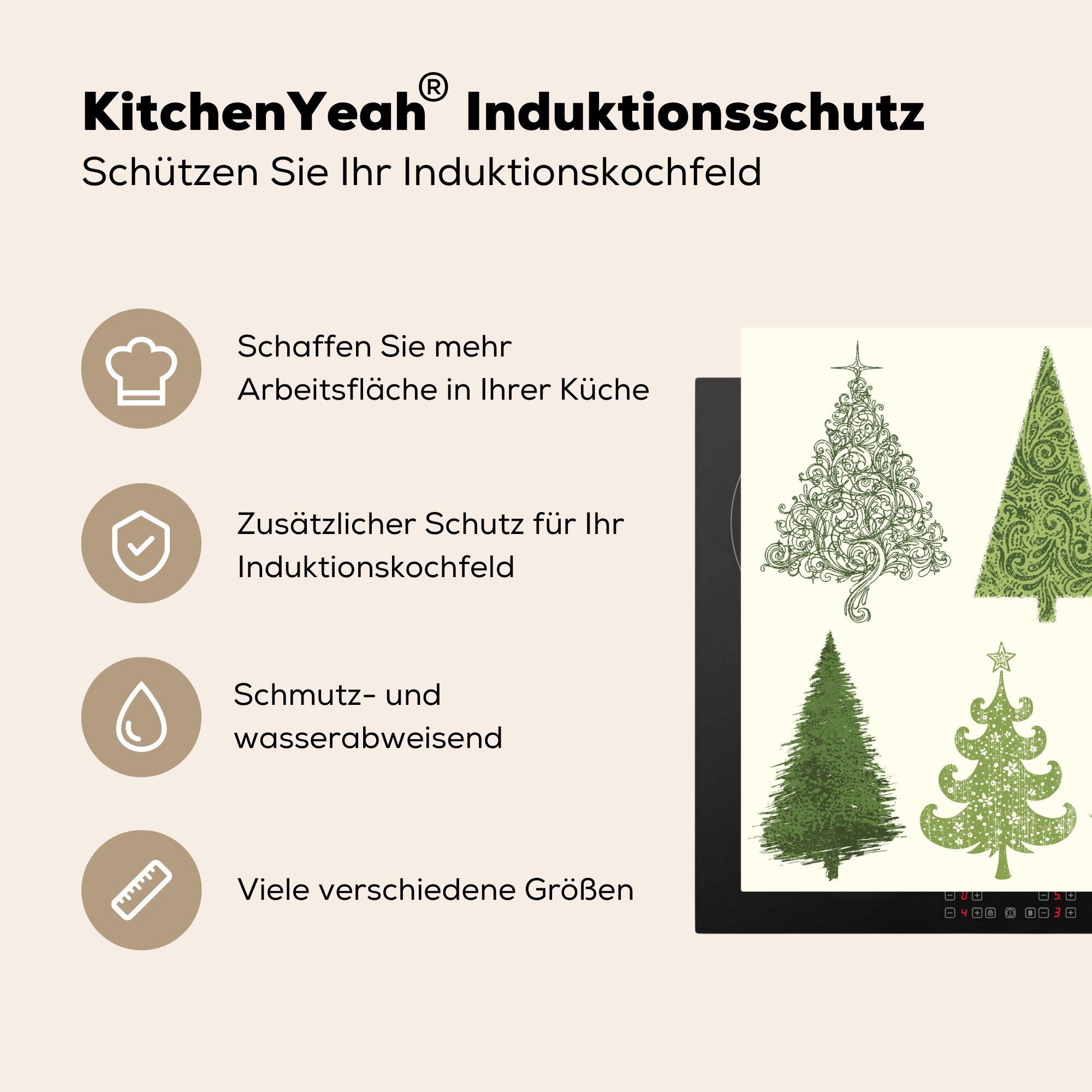 MuchoWow Herdblende-/Abdeckplatte Muster - Weihnachtsbaum, Mobile Arbeitsfläche Vinyl, cm, nutzbar, (1 Ceranfeldabdeckung 70x52 tlg)