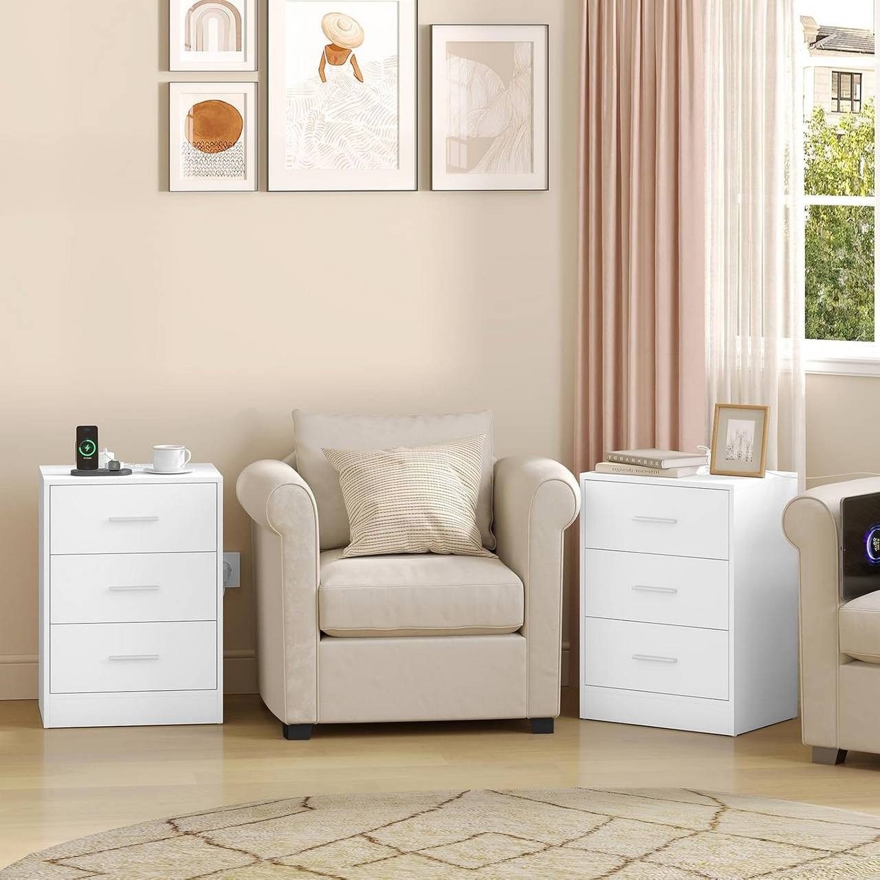 Woltu Nachttisch (2-St), mit Ladefunktion, Steckdose, 3 Schubladen, Modern günstig online kaufen