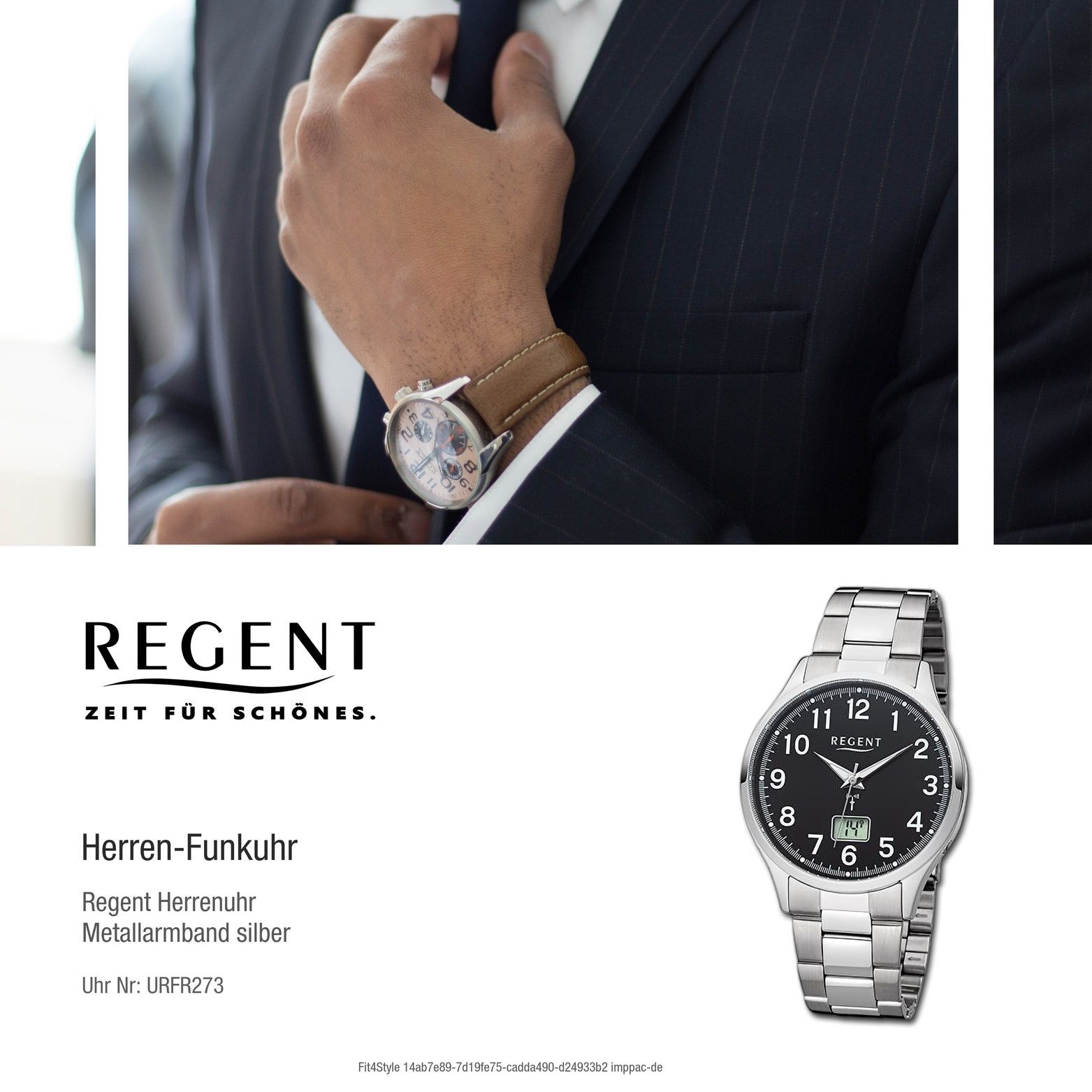 Regent Funkuhr Regent Herren rundes 40mm) Herrenuhr extra Analog-Digital, (ca. groß Metallarmband silber, Funkuhr Gehäuse