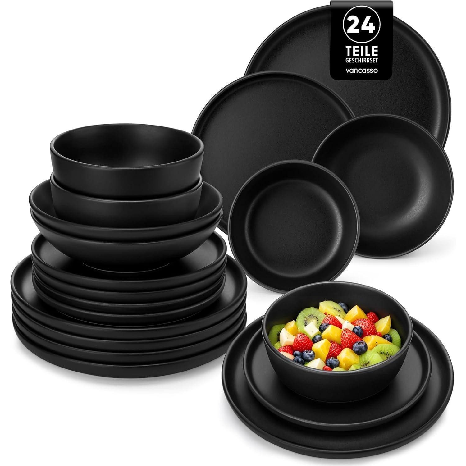 Tafelservice Geschirrset 6 Personen Steingut Teller Schalen 24 Teile Set Schwarz