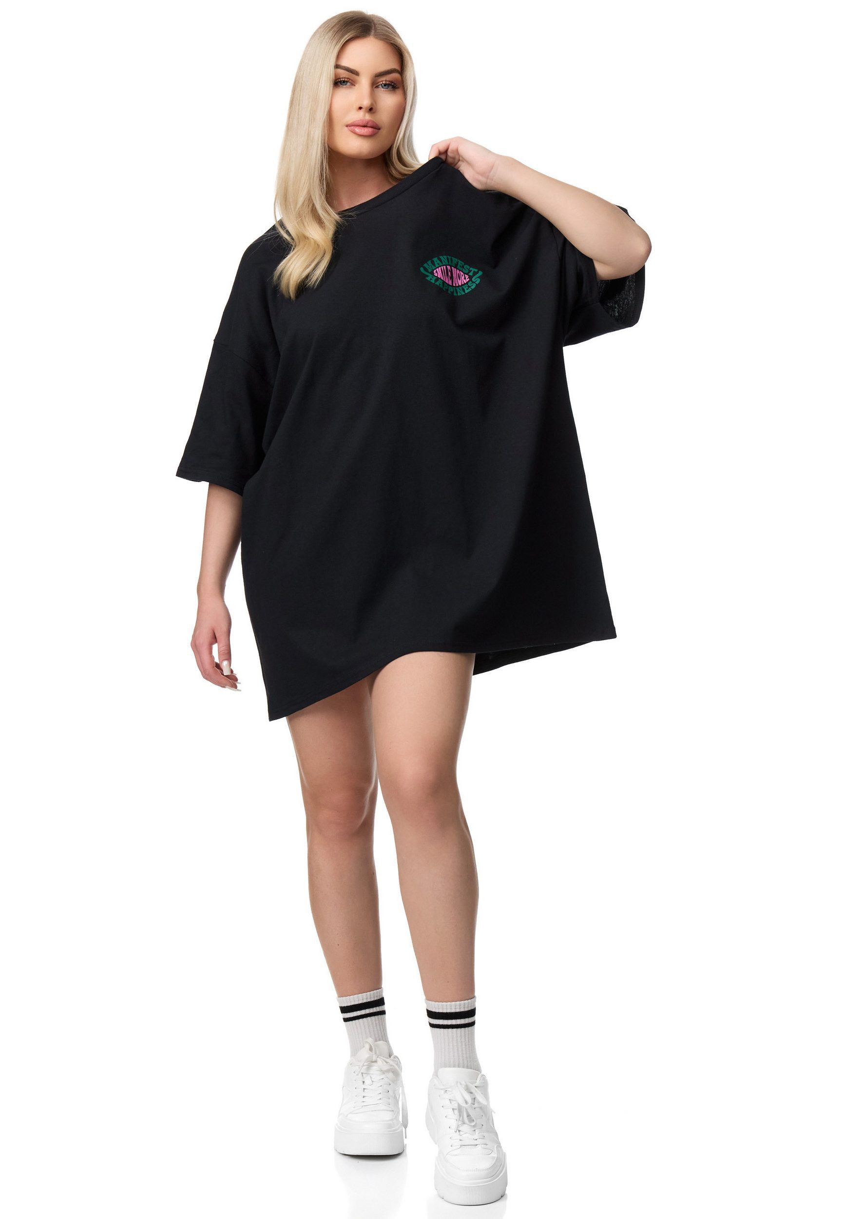 Worldclassca T-Shirt Worldclassca Oversized "Happiness" Print T-Shirt Lang Oberteil Shirt Neue Kollektion - Stilvolle und gemütliche Streetwear Mode