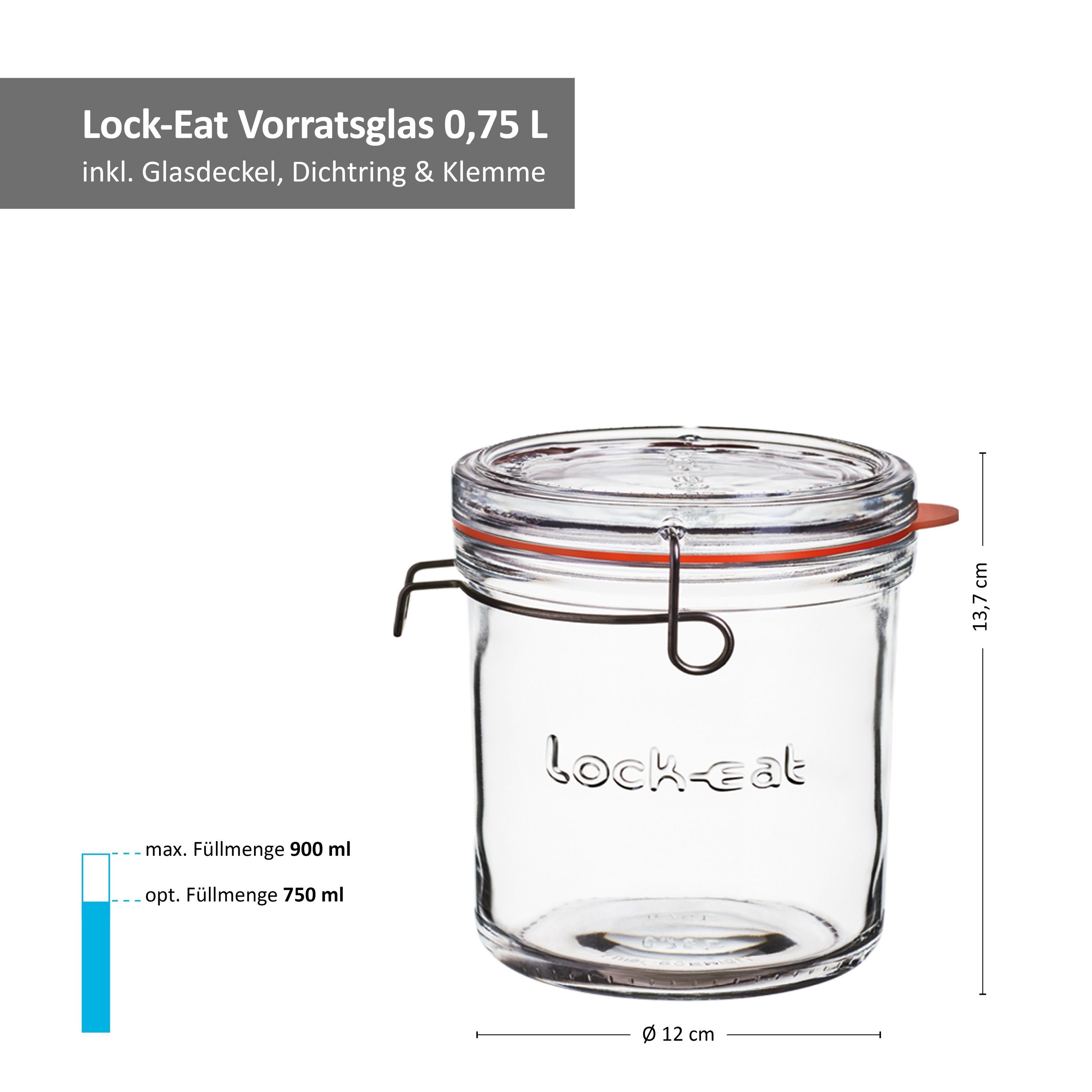 Deckel Luigi Set Einmachgläser 2er Vorratsglas 0,75L, Bormioli 0,5L Lock-Eat + Glas - mit