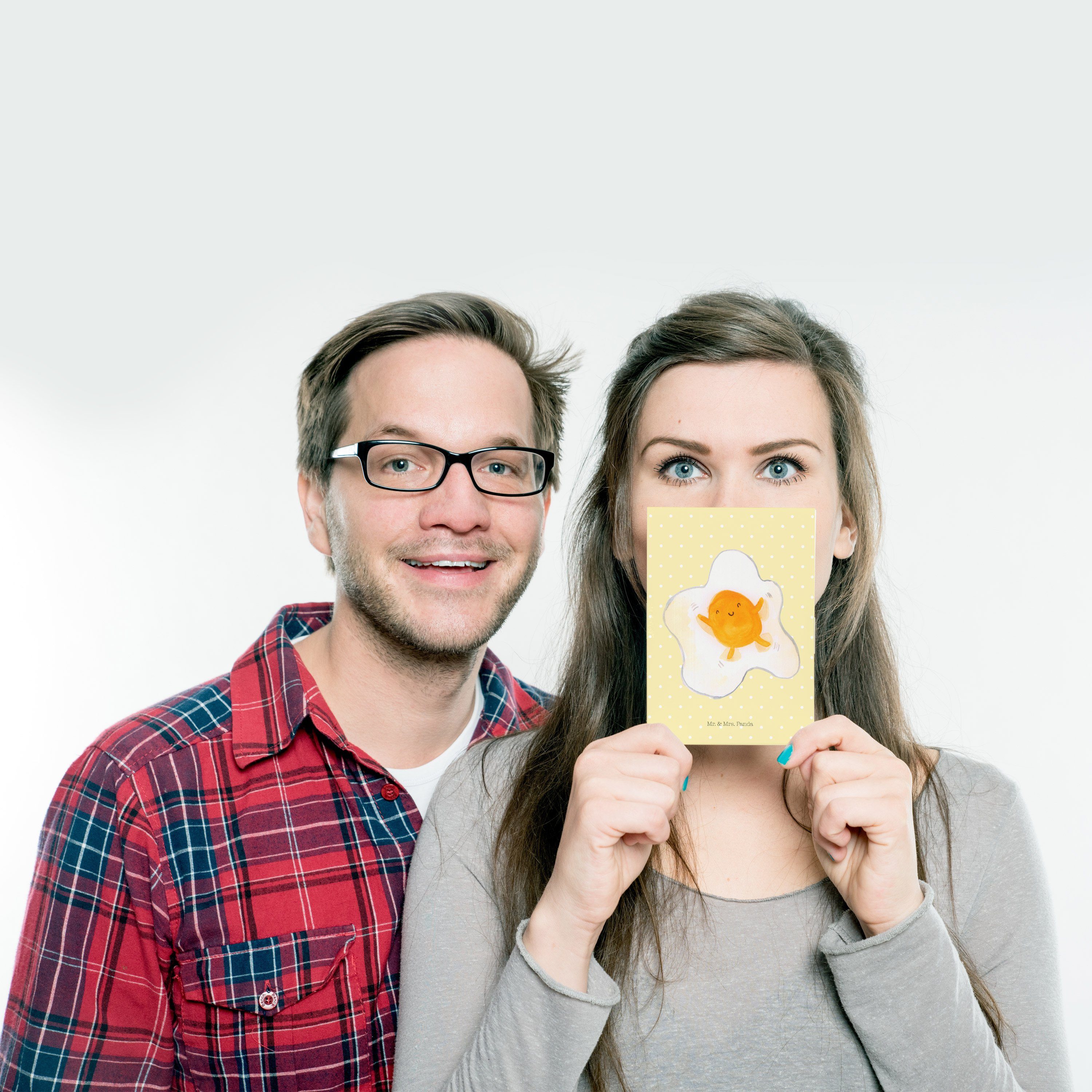 Mr. & Mrs. Panda Grußkarte, Geschenkkarte, Spiegelei - Liebe Postkarte Geschenk, Pastell Gelb 