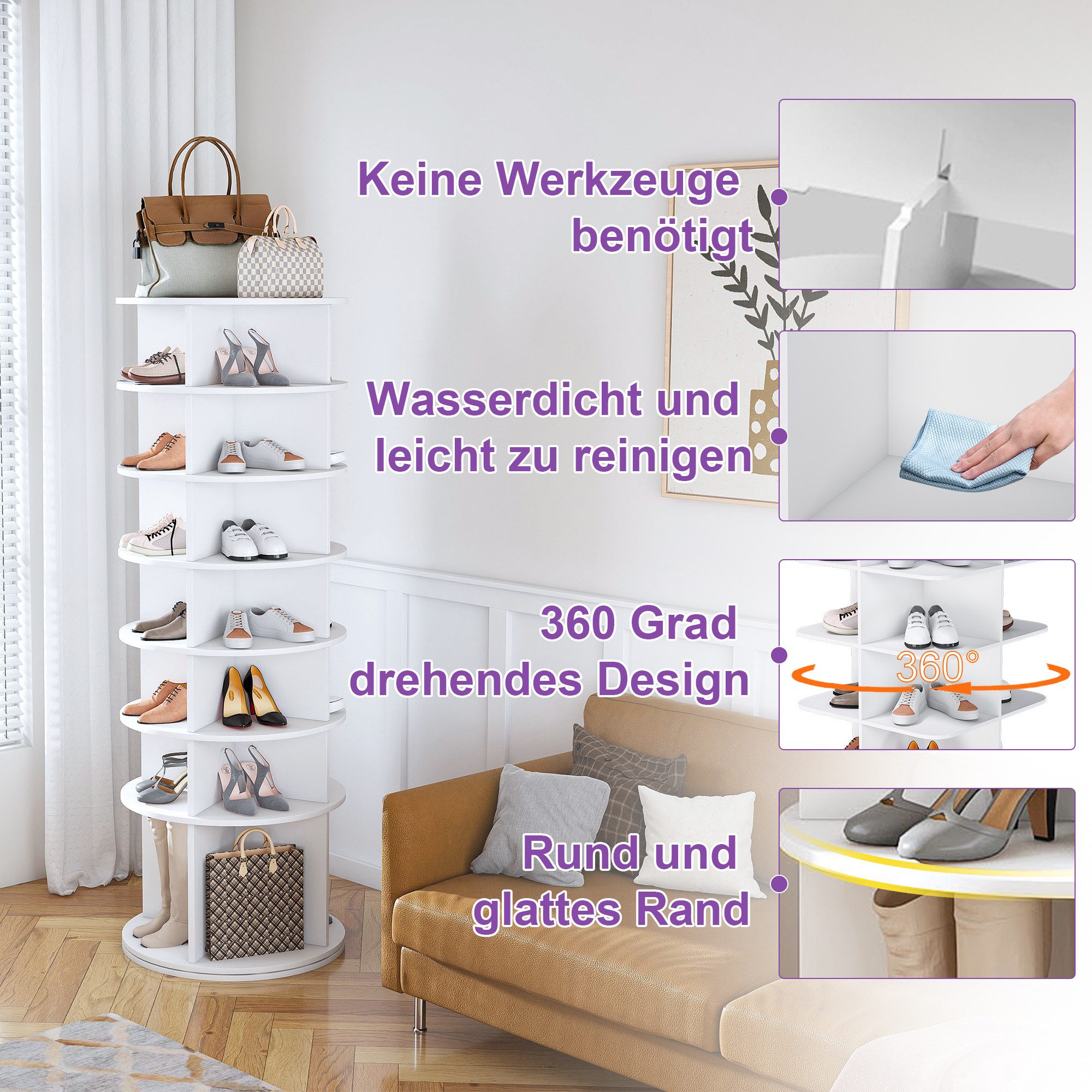 MC Star Schuhregal Drehbares mit 360° Drehfunktion, freistehend, platzsparend für bis zu 28 Paar Schuhe, Höhenbasis für Stiefel, weiß (60 × 60 × 184 cm), 7 Eben – Bild 2 von 5