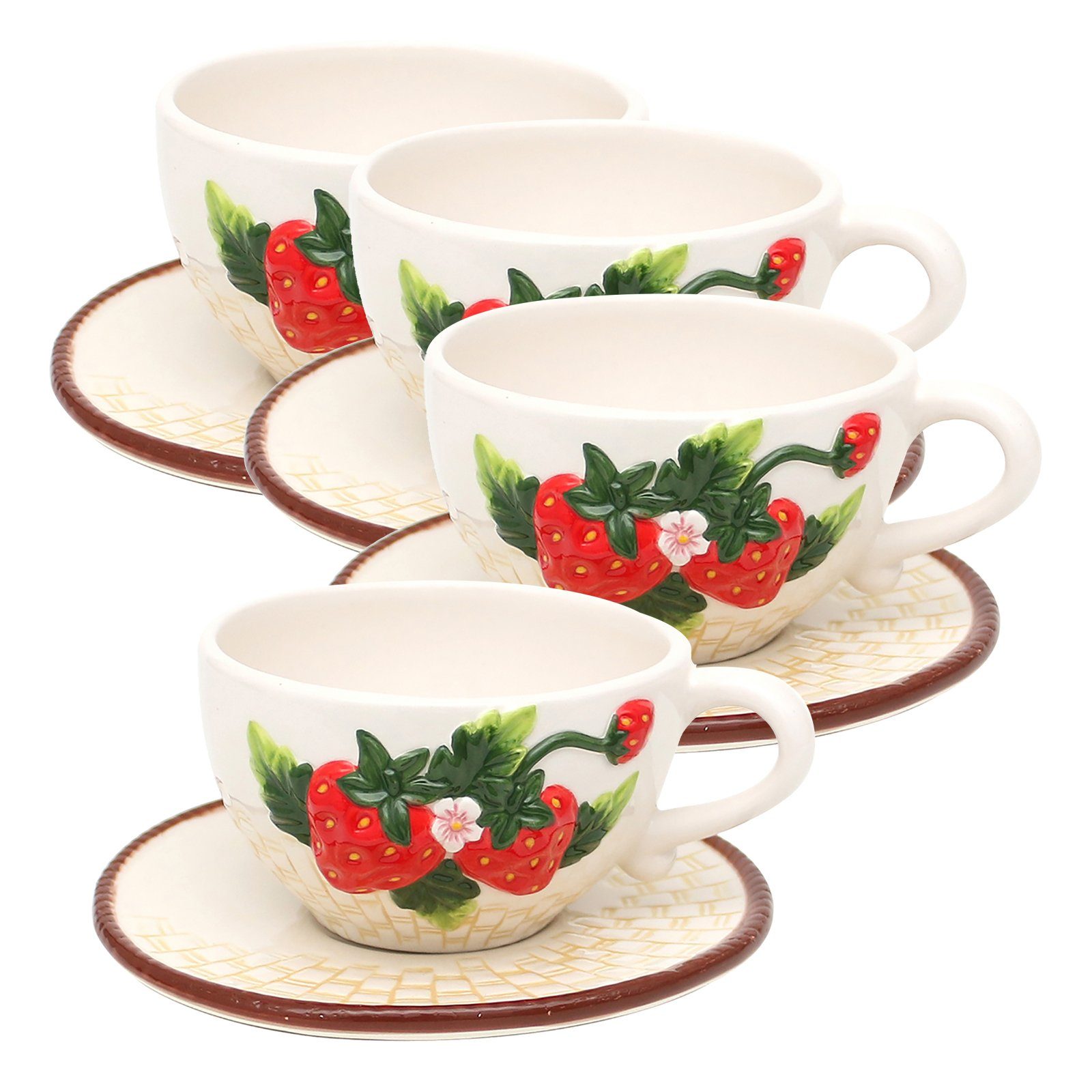 Neuetischkultur Kaffeetasse Erdbeere, Keramik Untertasse 4-teilig, Tassen-Set Keramik, Tasse Teetasse mit