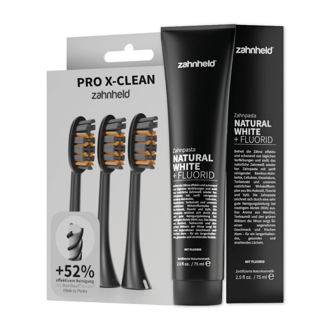Zahnheld Aufsteckbürsten Natural White Zahncreme mit Bürstenköpfen Pro X-Clean - Zahnpflege Set, Minzgeschmack, 3 Pro X-Clean, 75ml Tube, Zahnpflege mit Torfextrakt, Bambus-Aktivkohle, Kieselsäure & Cellulose
