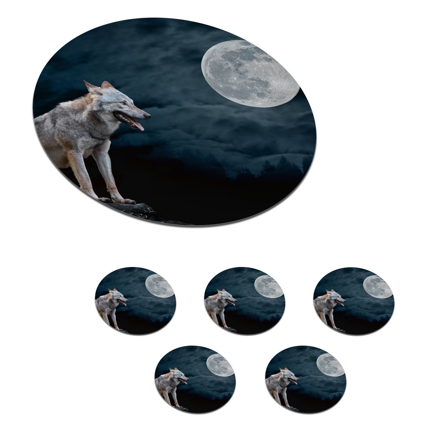 MuchoWow Glasuntersetzer Wolf - Mond - Nacht - Tiere - Porträt, Zubehör für Gläser, 6-tlg., Getränkeuntersetzer, Tassenuntersetzer, Korkuntersetzer, Tasse, Becher
