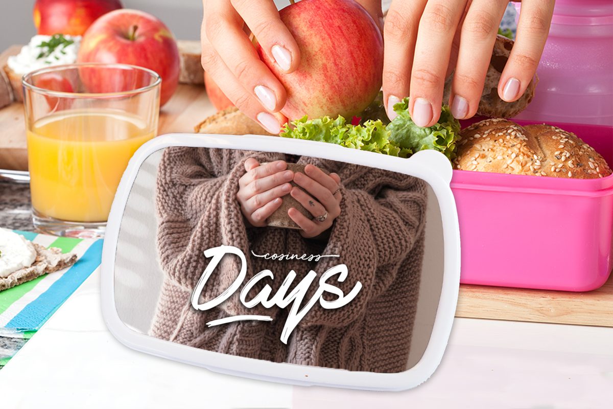 MuchoWow Lunchbox Tage der Gemütlichkeit' Zitate Sprichwörter, (2-tlg), Snackbox, - Kunststoff Erwachsene, Kinder, für Kunststoff, Mädchen, Brotbox Brotdose - rosa