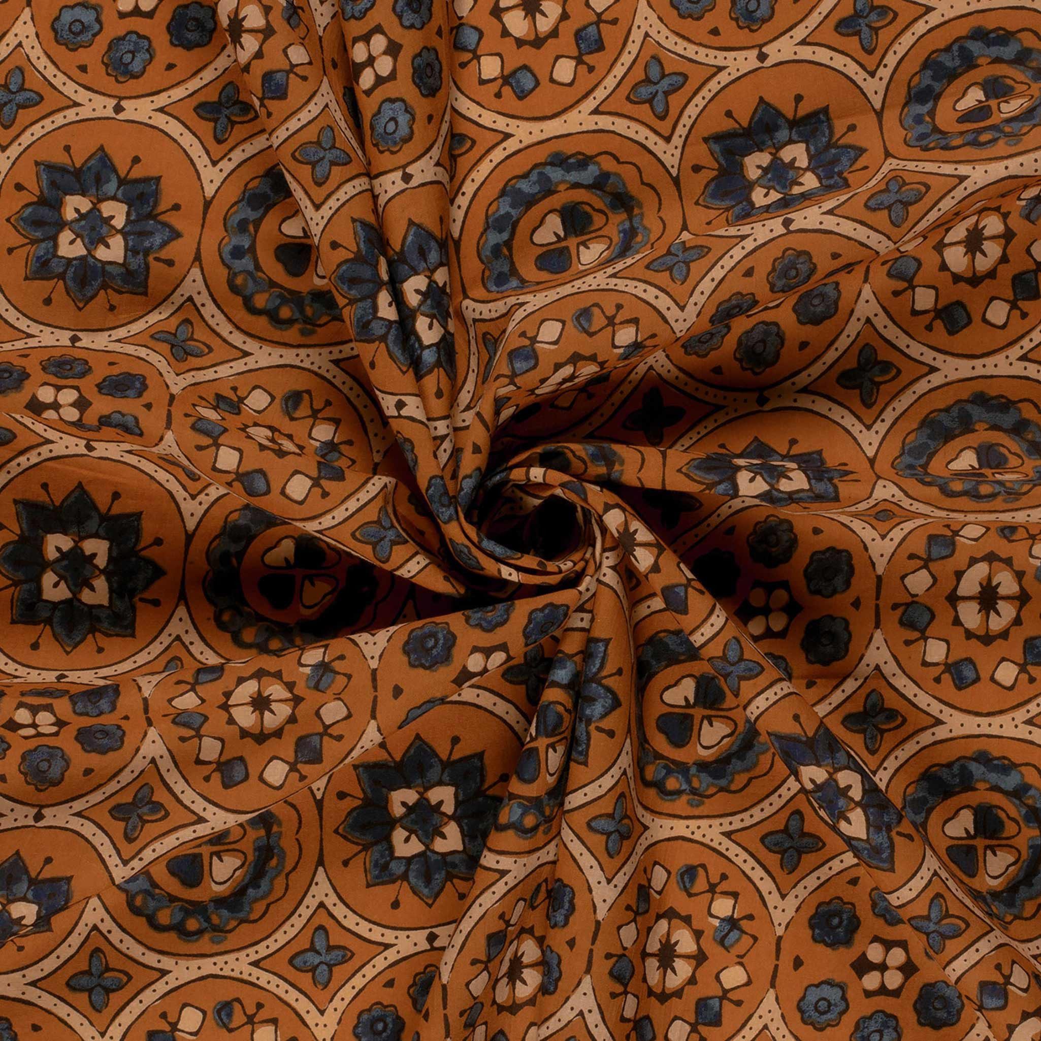 maDDma Stoff Baumwoll Voile Stoff Mosaik Muster Ocker Blau Meterware Sommer Stoff