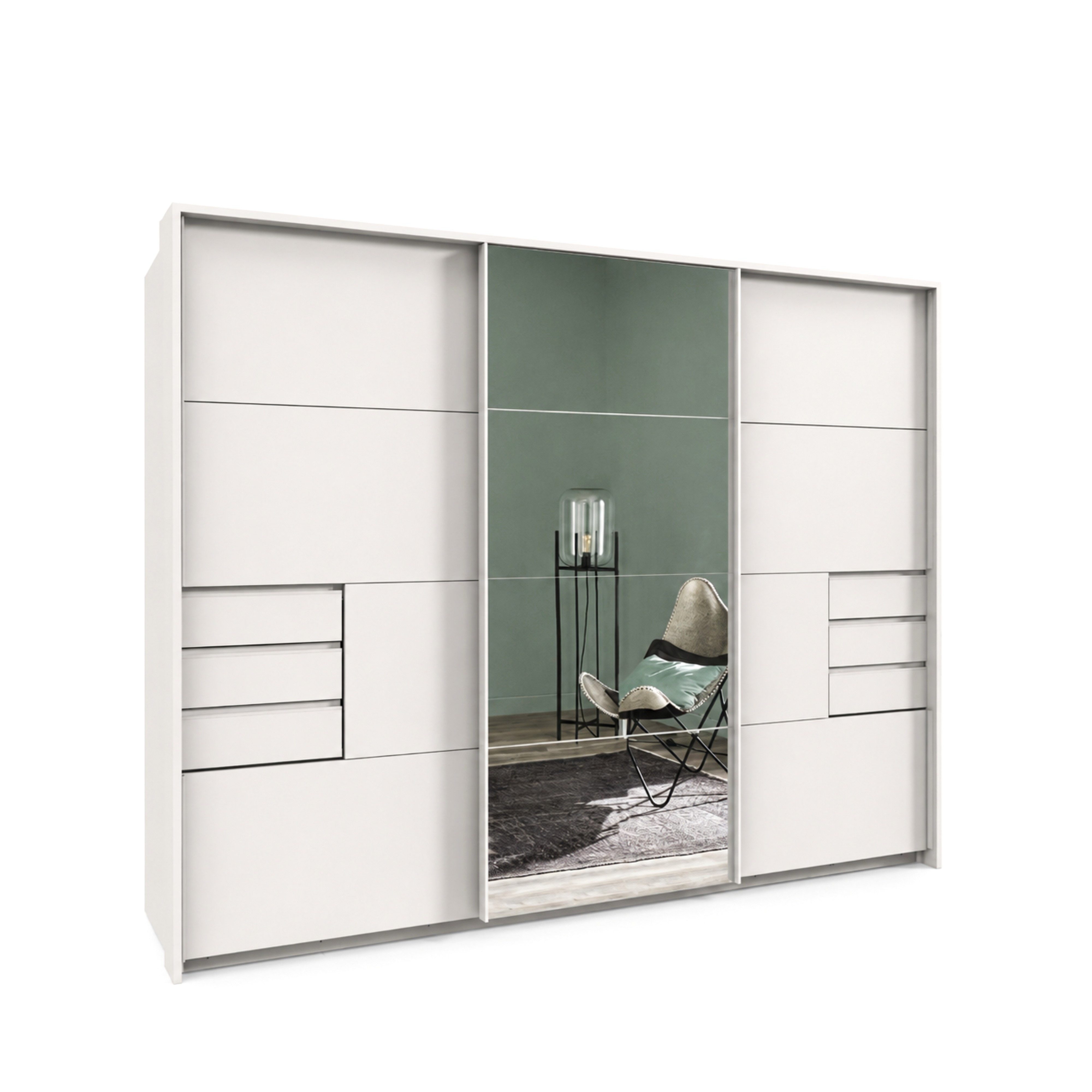 luma-home Schwebetürenschrank 22619 (B273/H213/T64 cm Kleiderschrank mit Passepartout, Vollausstattung, weiße Griffleisten) in Weiß mit 6 sichtbaren Schubladen und Mitteltür Spiegelfront