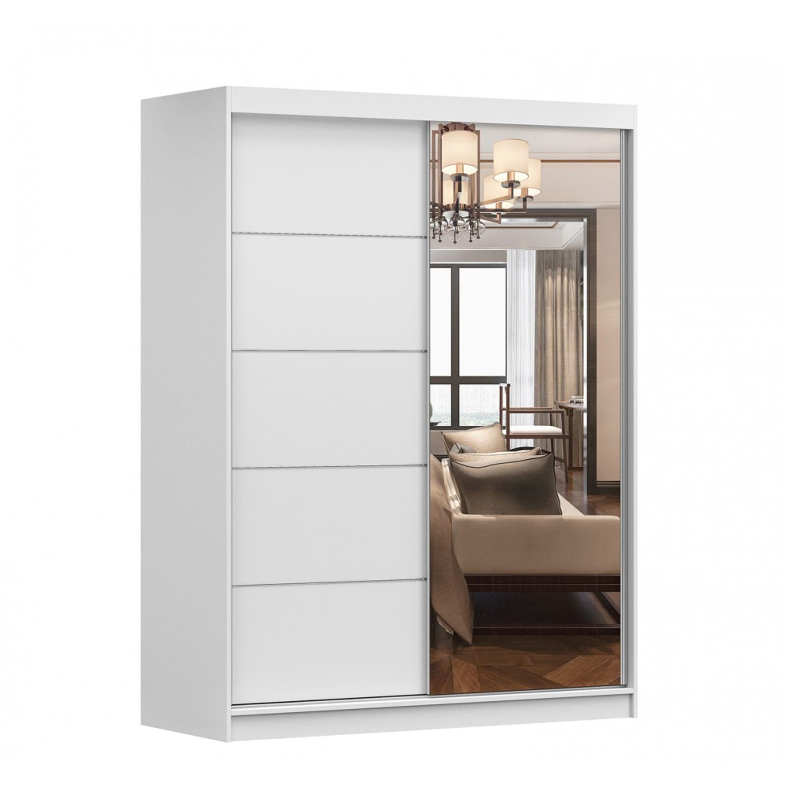 MOEBLO Kleiderschrank LARA 05 (mit Spiegel Schwebetürenschrank 2-türig Schrank mit vielen Einlegeböden und Kleiderstange, Gaderobe Schiebtüren Schlafzimmer-Wohnzimmerschrank Modern Design), (BxHxT): 150x200x61 cm Weiß | Weiß
