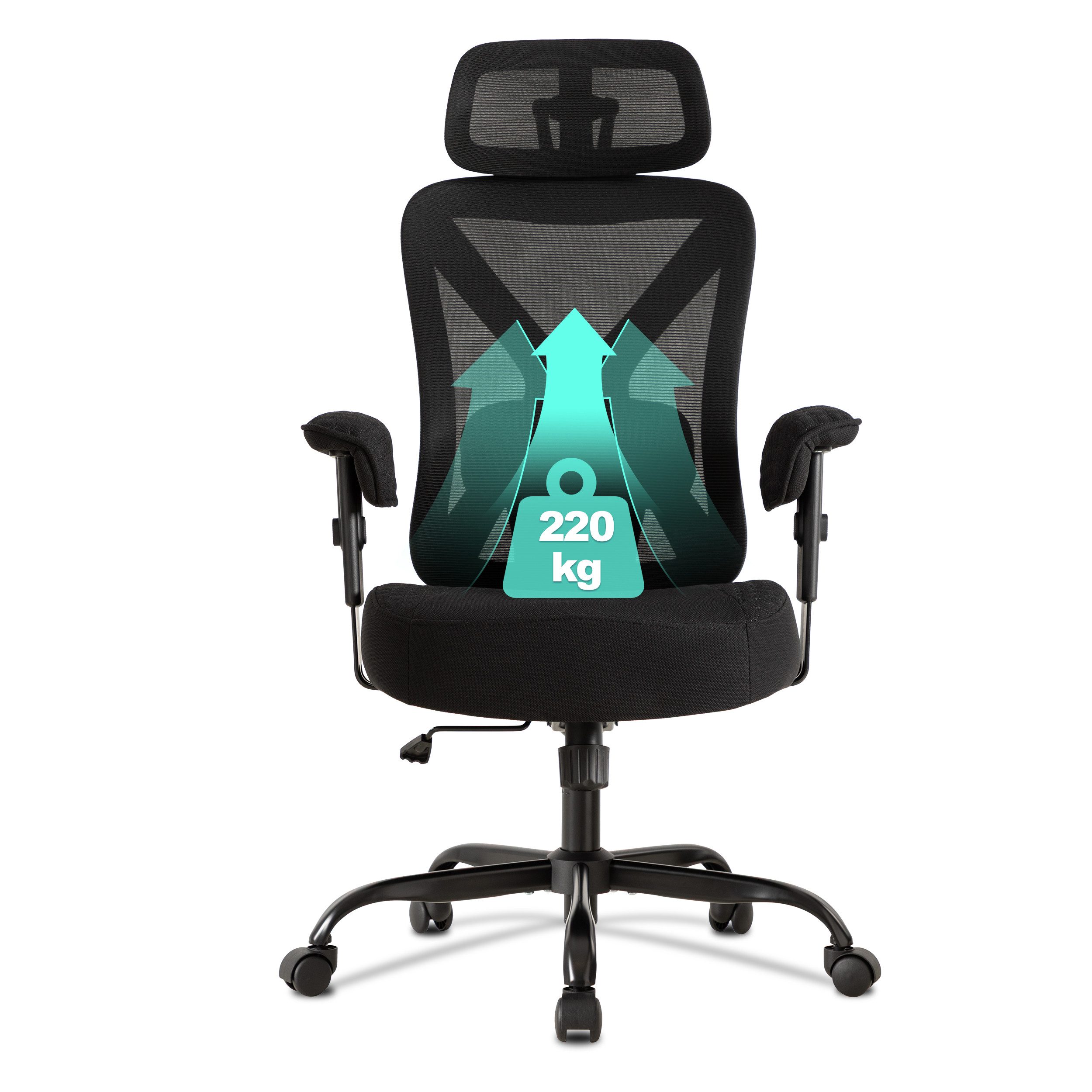 UEV Bürostuhl Ergonomisch bis 220KG Gaming Stuhl Wippfunktion (Schreibstuhl mit Armlehnen und Kopistütze, höhenverstellbarer Arbeitsstuhl, Drehstuhl mit Netzbespannung), verdicke Sitzkissen, Höhenverstellbar, 360°Drehung