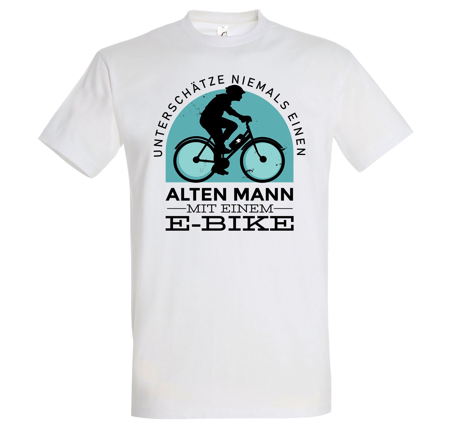 Youth Designz T-Shirt Alter Mann mit E-Bike Herren Shirt mit lustigem Fahrrad Frontprint Weiß