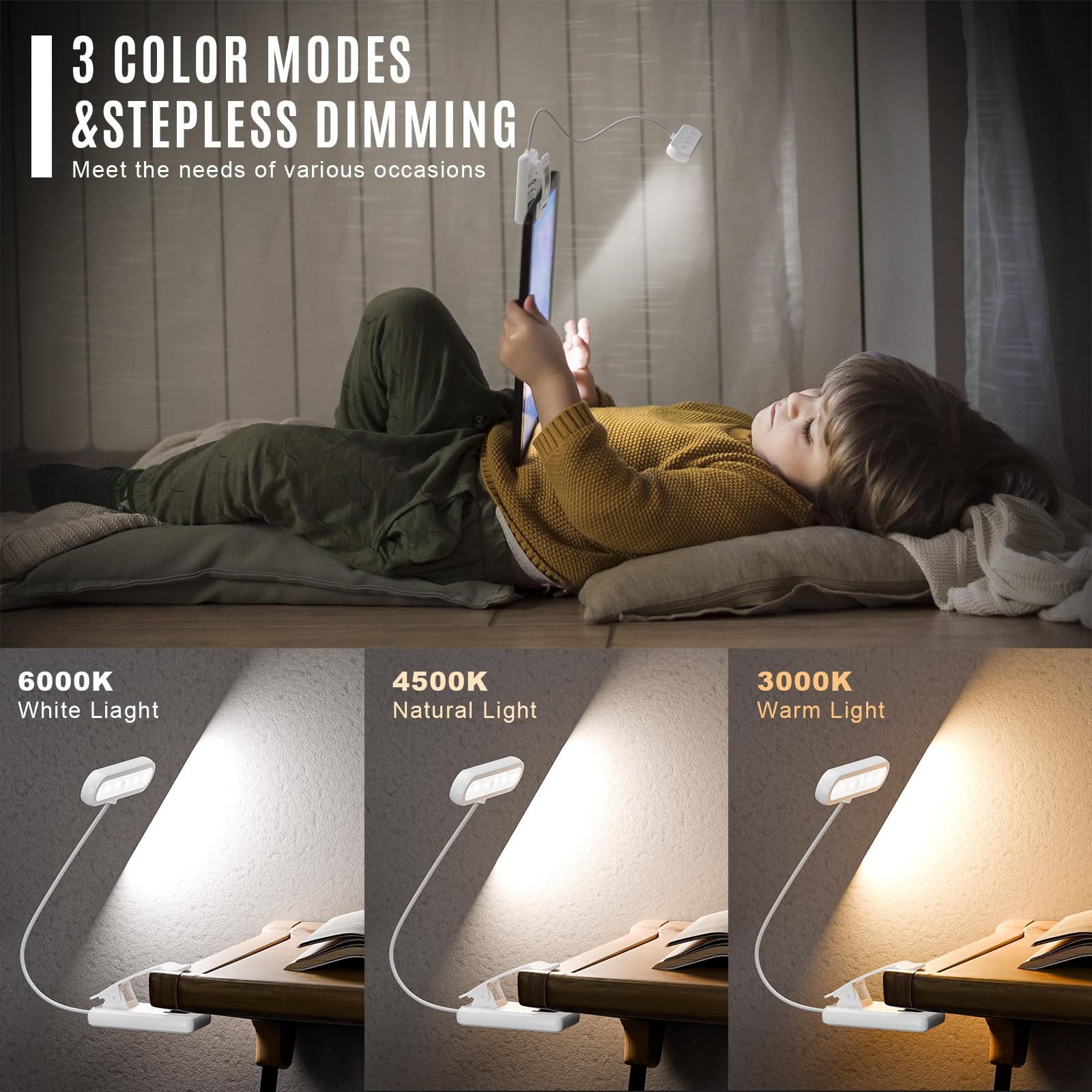 LQWELL LED Schreibtischlampe LED Leselampe Nachttischlampe Leselampe Tisch Buch Klemme im Bett, LED fest integriert, 3 Farbtemperaturen, 10 Helligkeitsstufen, stufenlos dimmbar, 360° flexibles Buchlicht, Für Kinder und Buchliebhaber, ideal für Büro, Schlafzimmer.