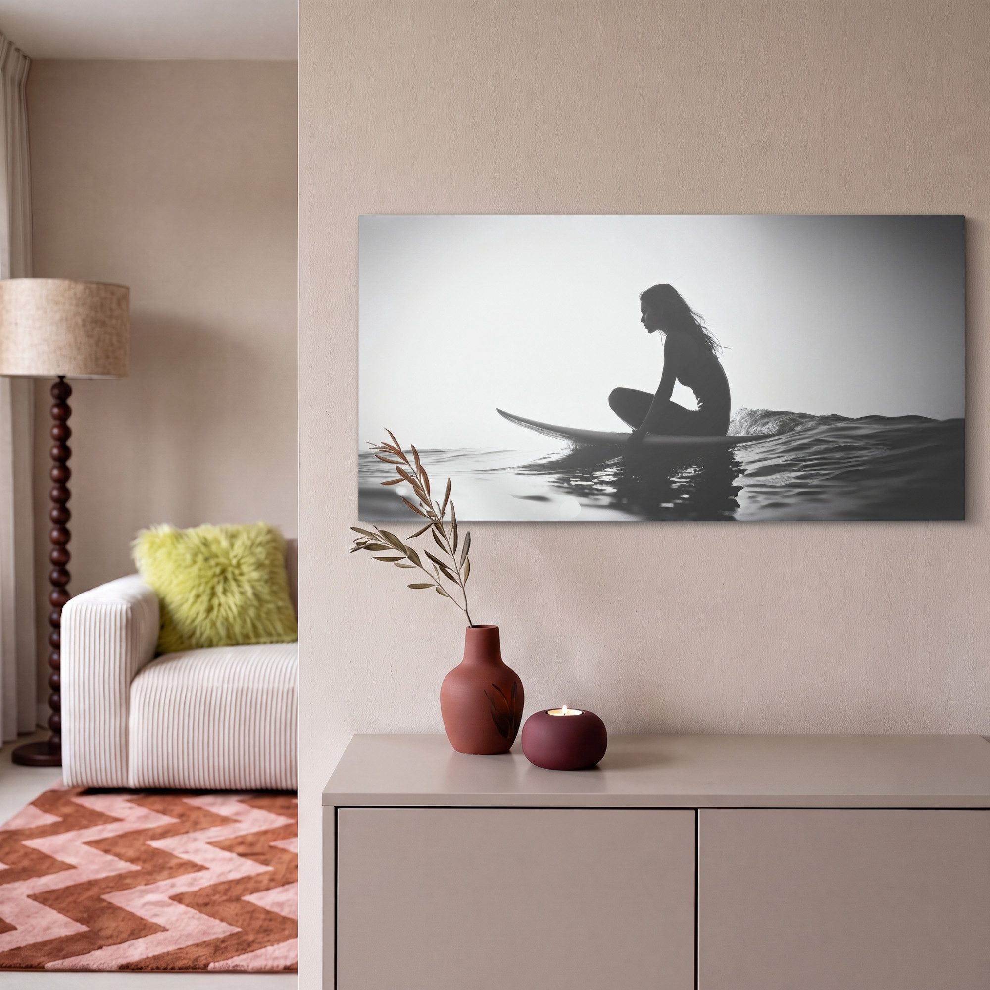OneMillionCanvasses® Leinwandbild Panorama Silhouette - Frau - Surfbrett - Wasser, Fotodruck (1 St), Wandbild, Deko Schlafzimmer Wohnzimmer Flur 40x20 cm – Bild 2 von 5