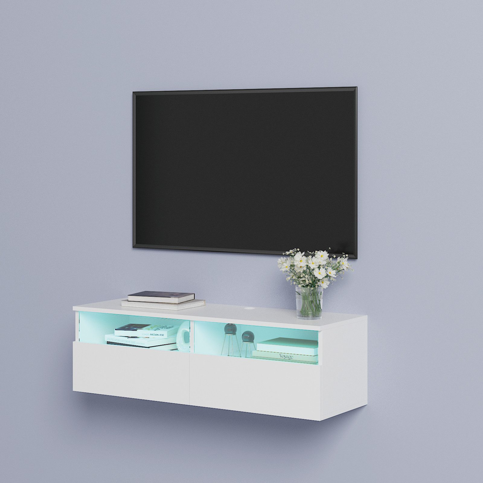 radelldar Lowboard mit LED-Beleuchtung, TV-Schrank, hängend (1 St), 100 cm breit, griffloses TV-Board, 2 Schubladen mit Acryl