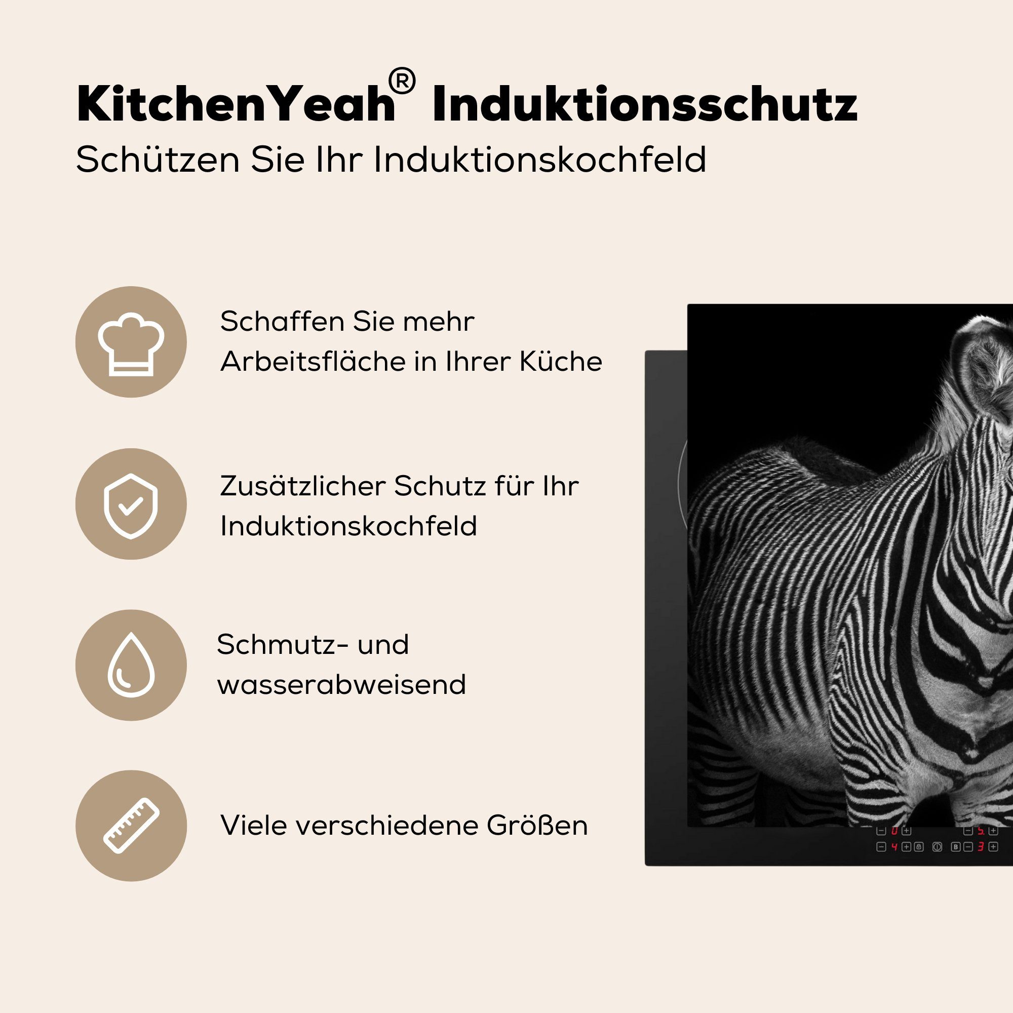in Tierprofil Schwarz (1 Vinyl, und Zebras tlg), Weiß, nutzbar, Herdblende-/Abdeckplatte Ceranfeldabdeckung 70x52 Mobile Arbeitsfläche cm, MuchoWow