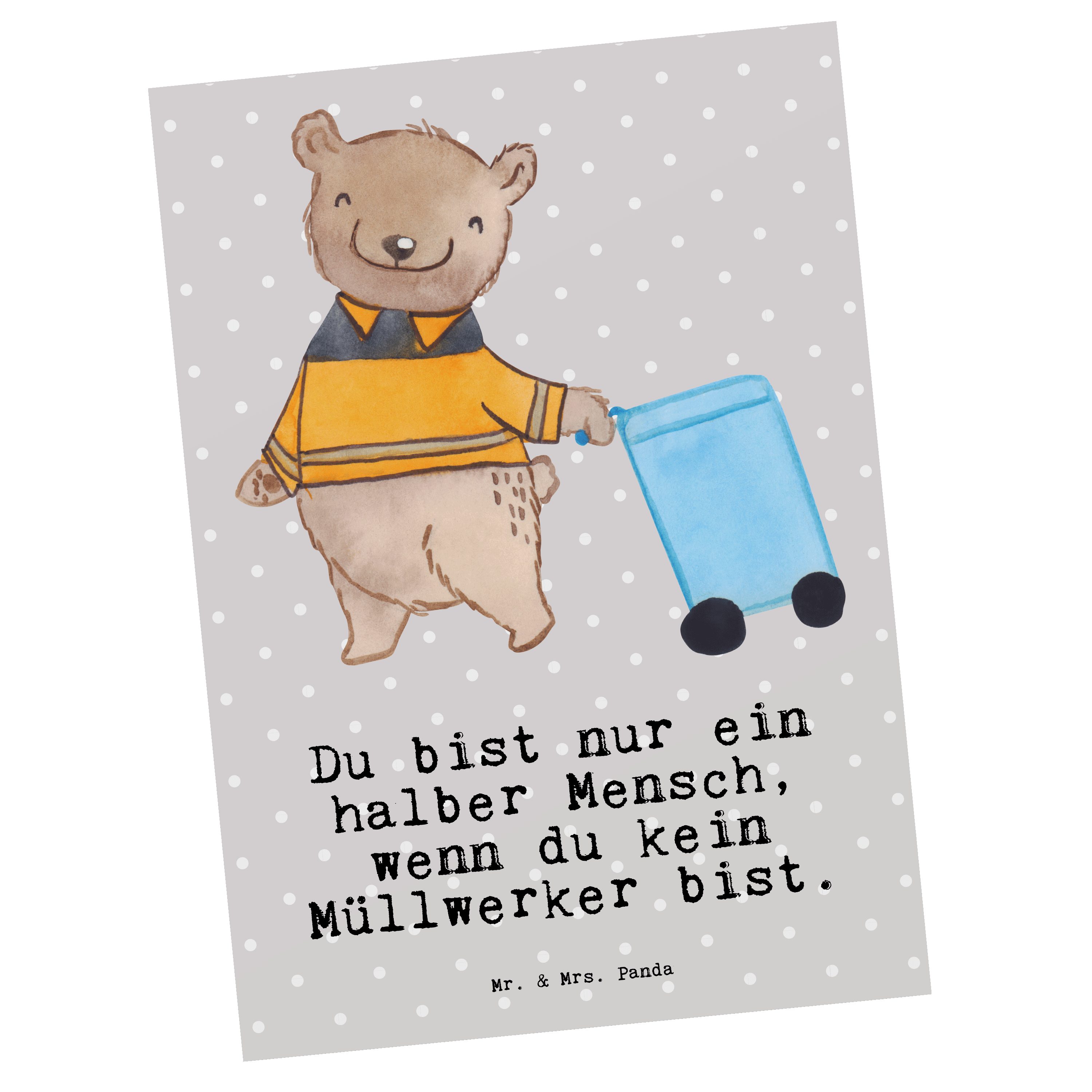 mit - Mr. Panda Herz & Au Grußkarte, - Grau Mrs. Pastell Geschenk, Postkarte Kollege, Müllwerker
