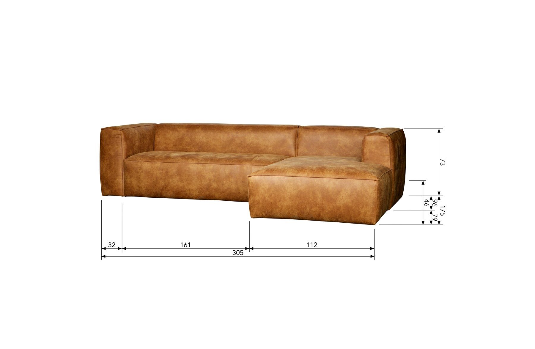 - Leder Bean WOOOD Ecksofa Rechts Longchair-Sofa freistellbar Cognac,