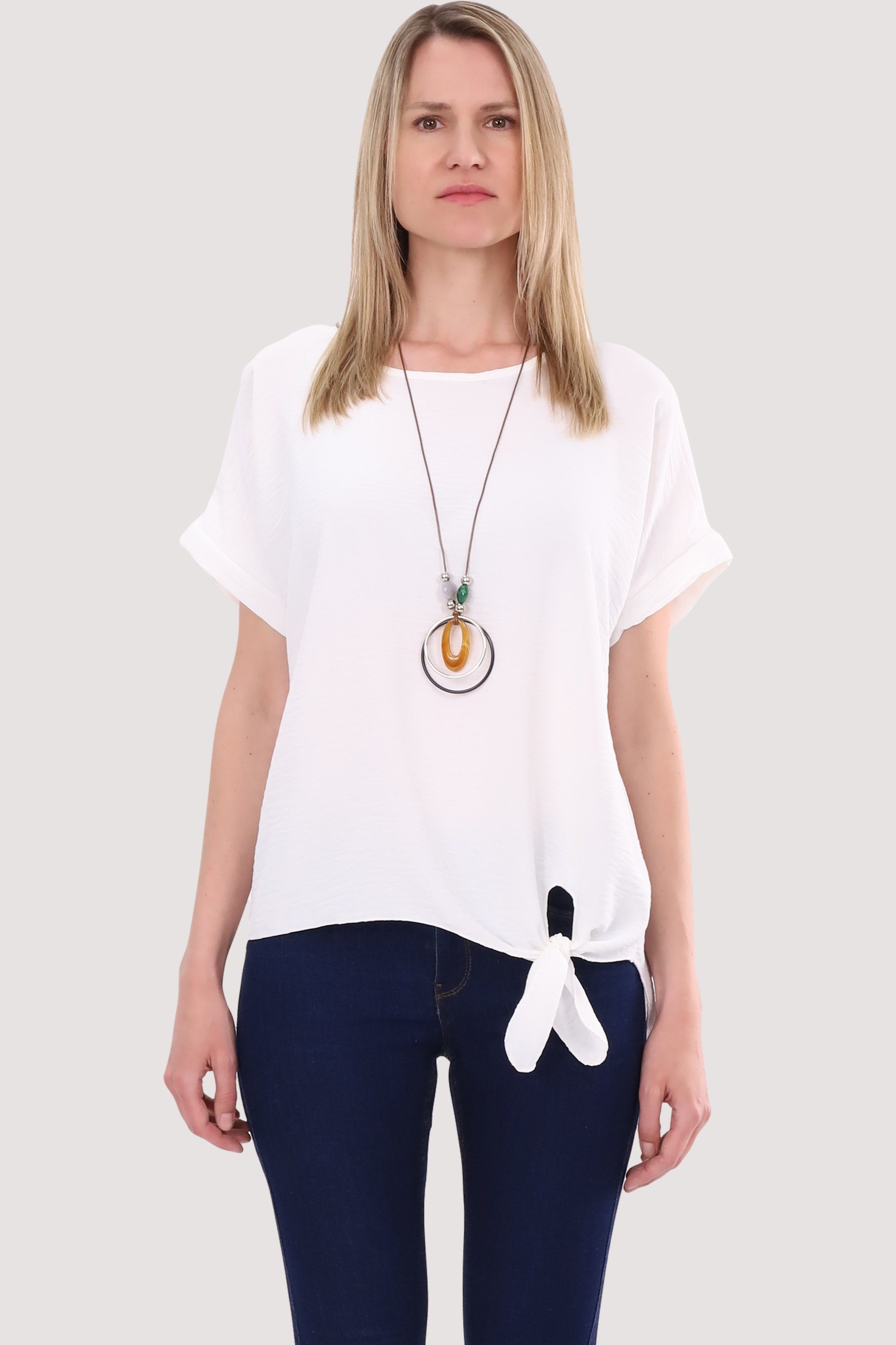 malito more than fashion Blusenshirt 10508 mit Bindeknoten und Kette Einheitsgröße weiß | T-Shirts