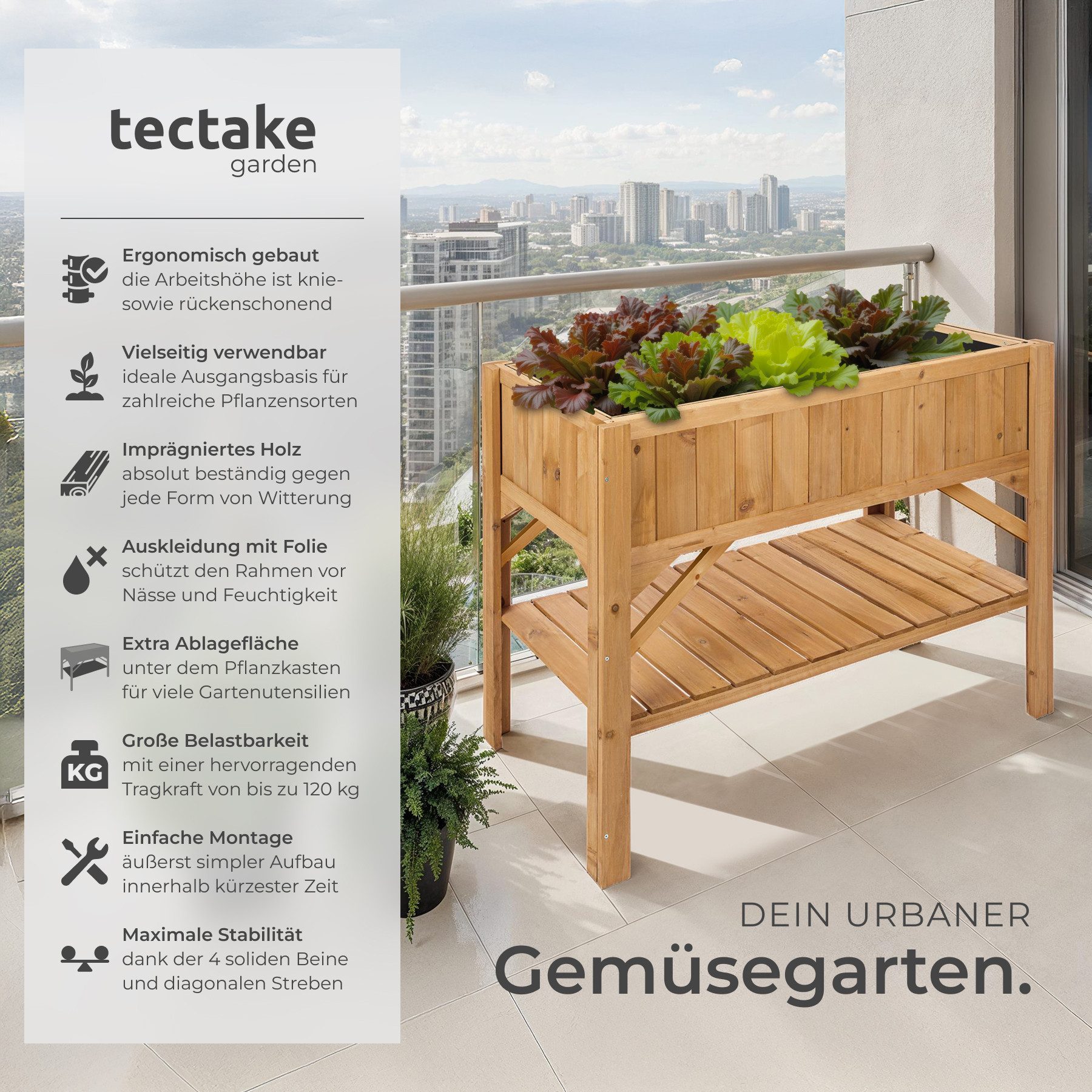 tectake Hochbeet Pflanzenkasten mit Ablage 119x57x90cm, aus Holz, mit Ablag günstig online kaufen