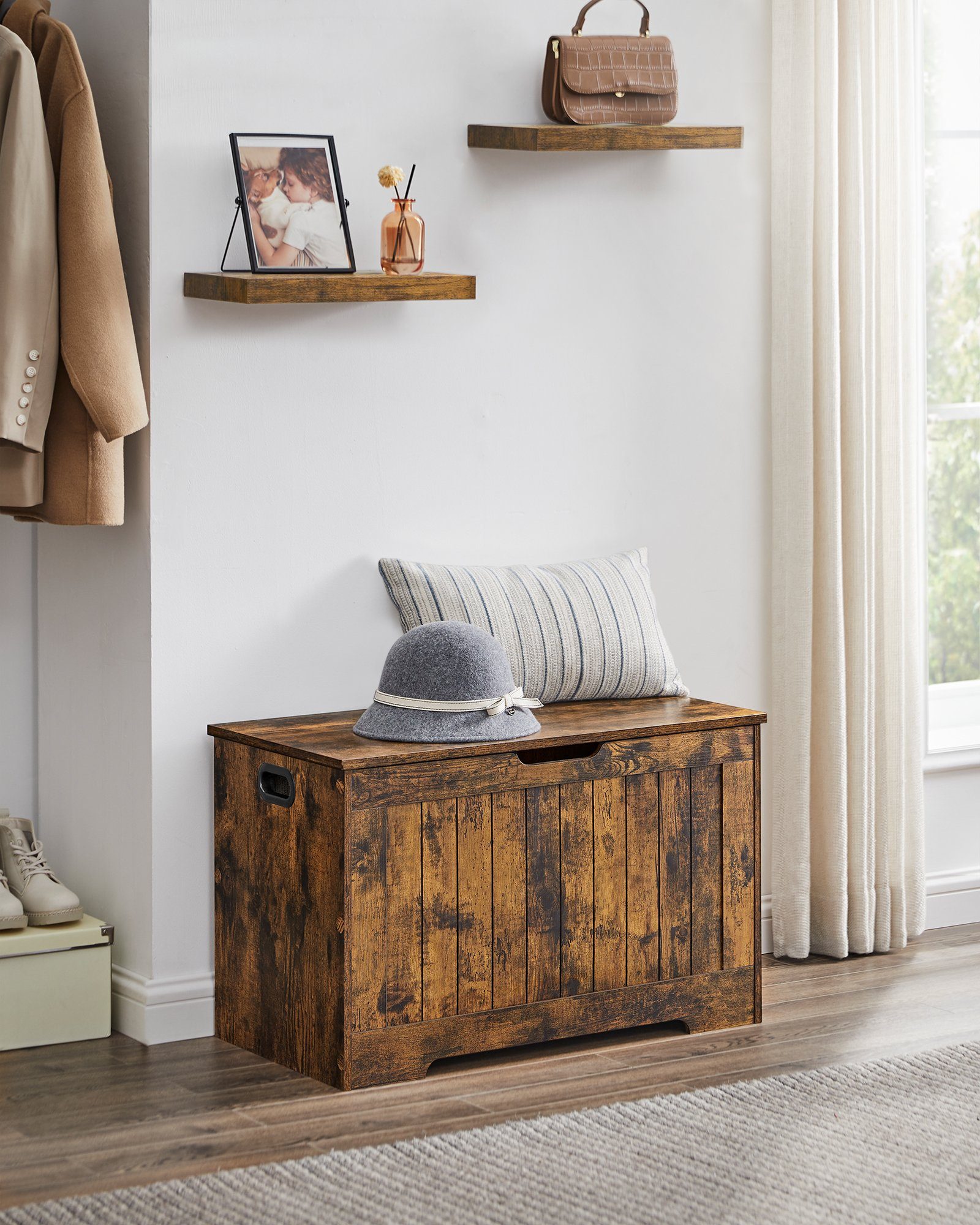 VASAGLE Sitzbank Schuhbank, Sitztruhe, 40 x 76 x 48 cm, Flur, Schlafzimmer, Wohnzimmer (1-St), mit Stauraum, 2 Sicherheitsscharniere, Landhausstil, vintagebraun