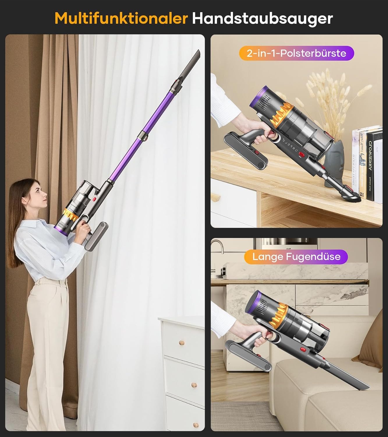 BERGER ELECTRONICS Akku-Stielstaubsauger Akku Staubsauger, Staubsauger Kabellos, 65000 Pa/600W, 70min Laufzeit, 600 W, beutellos, Bodenstaubsauger, Hochwertige Verarbeitung