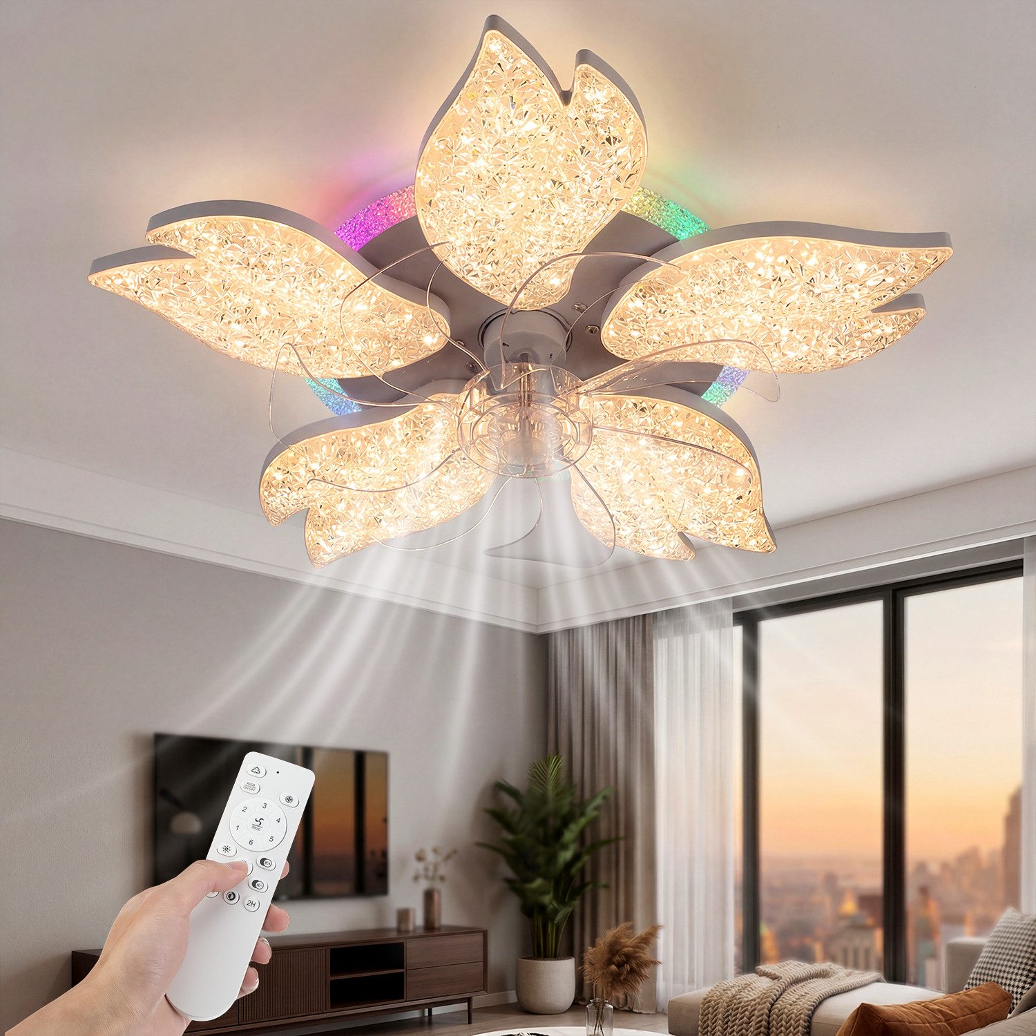 oyajia Deckenventilator Kristall Deckenleuchte mit RGB Hintergrundlicht,Leise Deckenventilator, 6 Geschwindigkeiten Ventilator, Deckenlampe mit RGB Farbwechsel Lampe