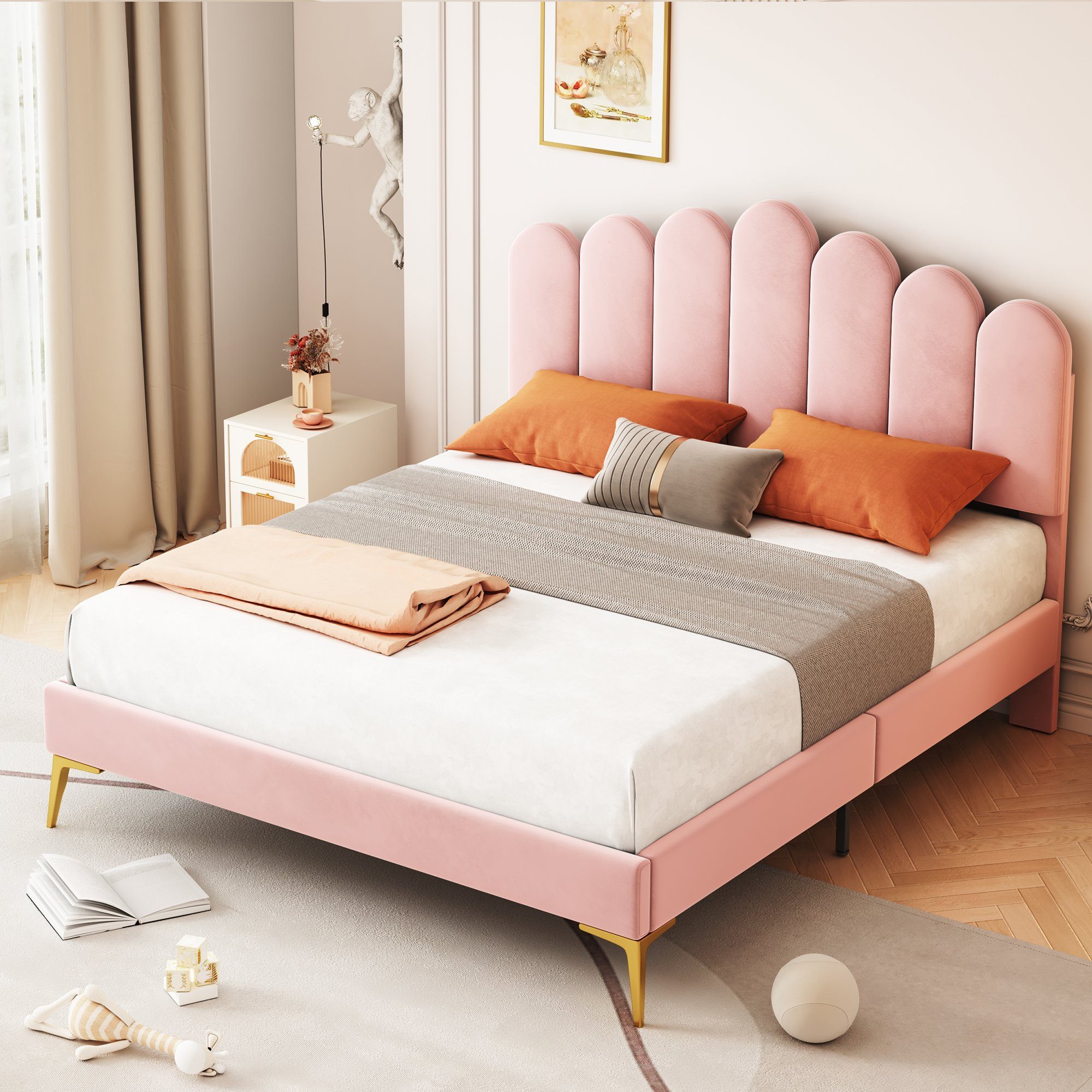 Funktionsbett Kopfteil Lattenrost), Jugendbett WISHDOR Polsterbett und Samtstoff, 140 Matratze (hautfreundlichem rosa Gästebett Doppelbett 200 ohne x cm, mit Bettgestell