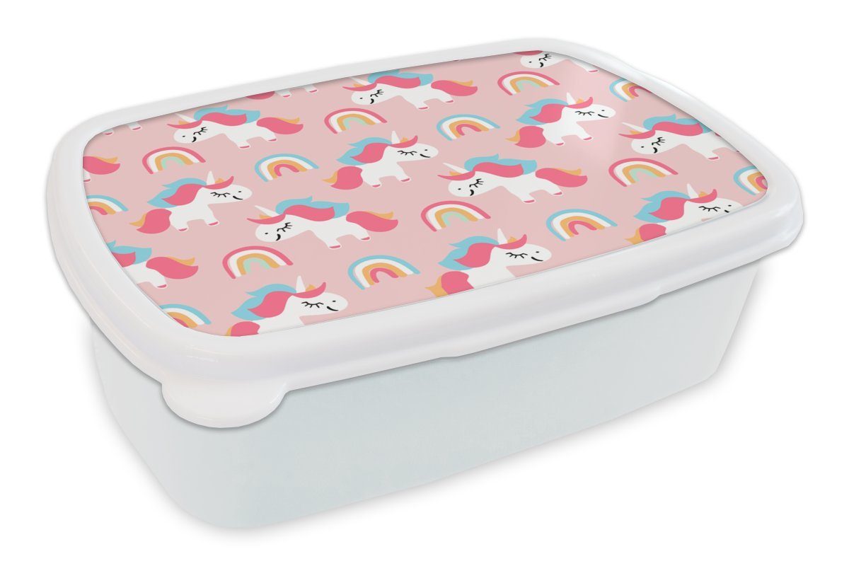 MuchoWow Lunchbox Einhorn - Regenbogen - Rosa - Muster, Kunststoff, (2-tlg), Brotbox für Kinder und Erwachsene, Brotdose, für Jungs und Mädchen weiß