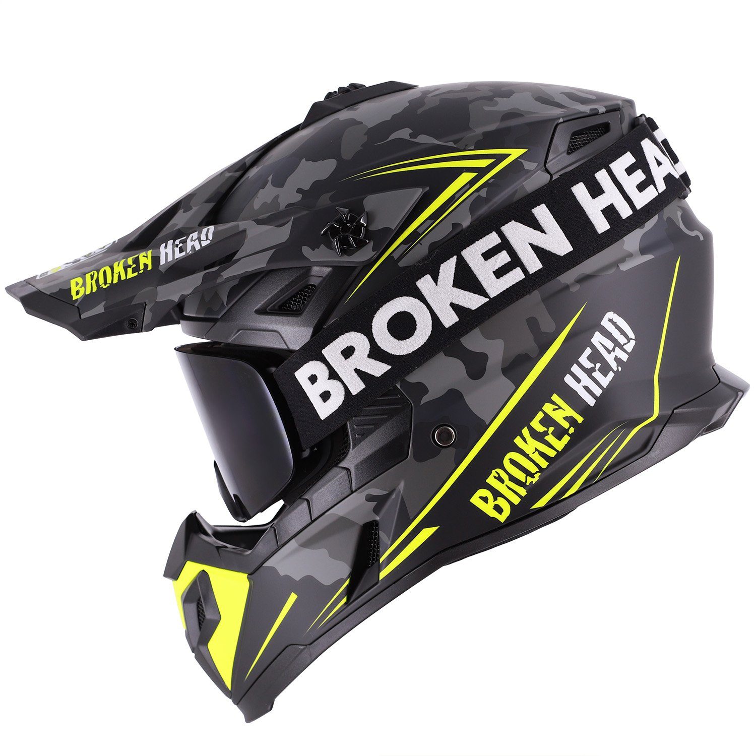 Broken Head Motocrosshelm Squadron Gelb (MX-Brille Struggler Schwarz), Zwei Verschlüsse