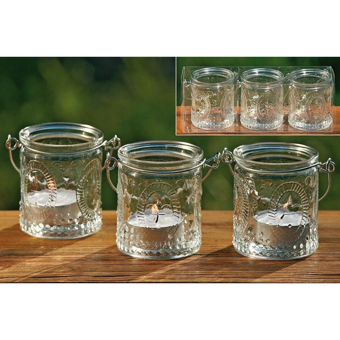[Hohe Qualität | Sehr beliebt] BOLTZE Teelichthalter 3x Glas-Windlichter Teelichtgläser Ø 6cm ca. Kerzenhalter Vintage Sti