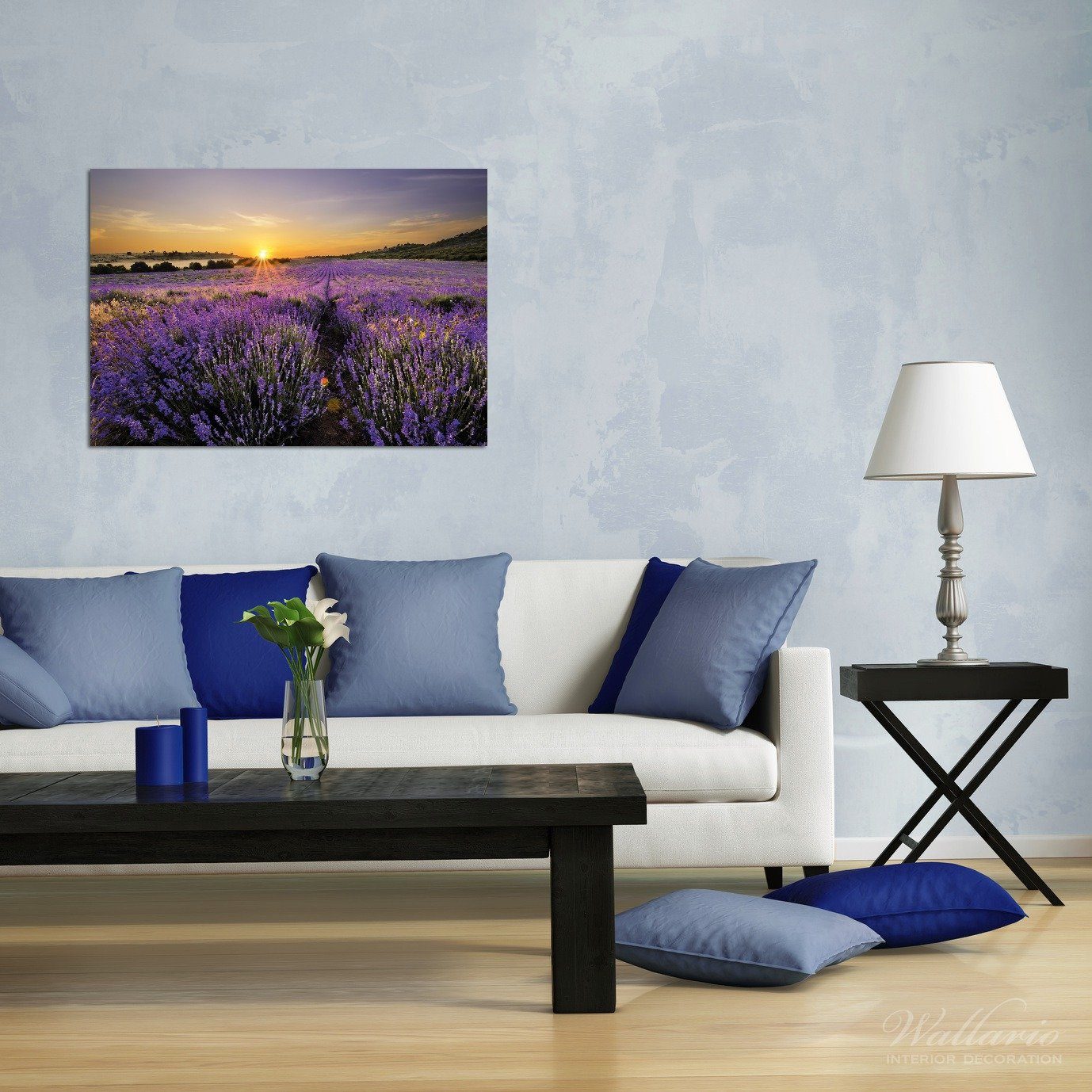 Wallario Glasbild, Sonnenuntergang über dem Lavendel, günstig online kaufen