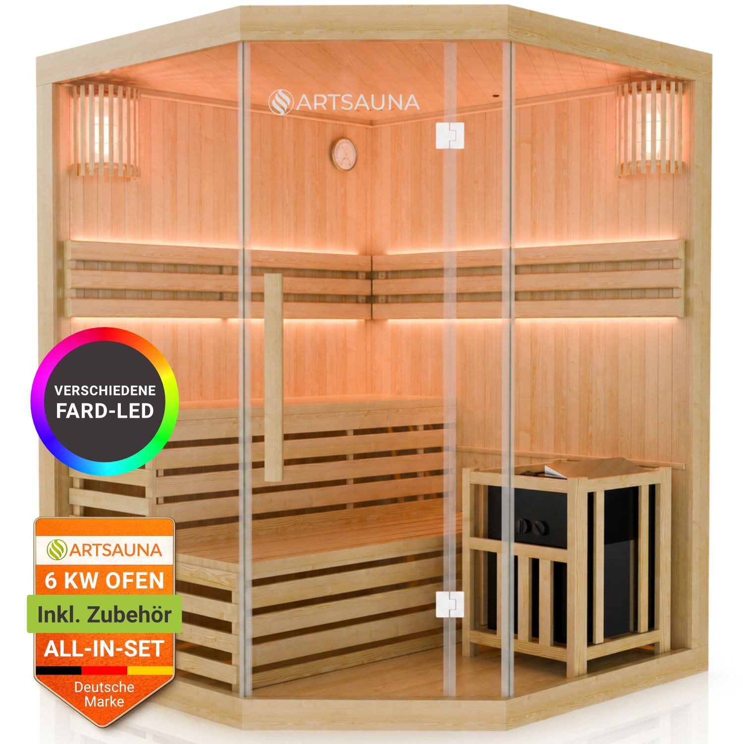 Artsauna Sauna Espoo150 Premium, 50 mm, für 3 Personen, Hemlock Holz, Saunaofen, Sanduhr, Thermo-Hygrometer