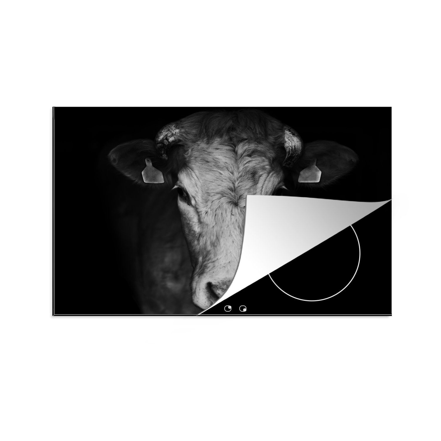 MuchoWow Herdblende-/Abdeckplatte Tiere - Kuh - Schwarz - Weiß - Kuhkopf, Vinyl, (1 tlg), 81x52 cm, Ceranfeldabdeckung, Arbeitsplatte für küche | Herdabdeckplatten