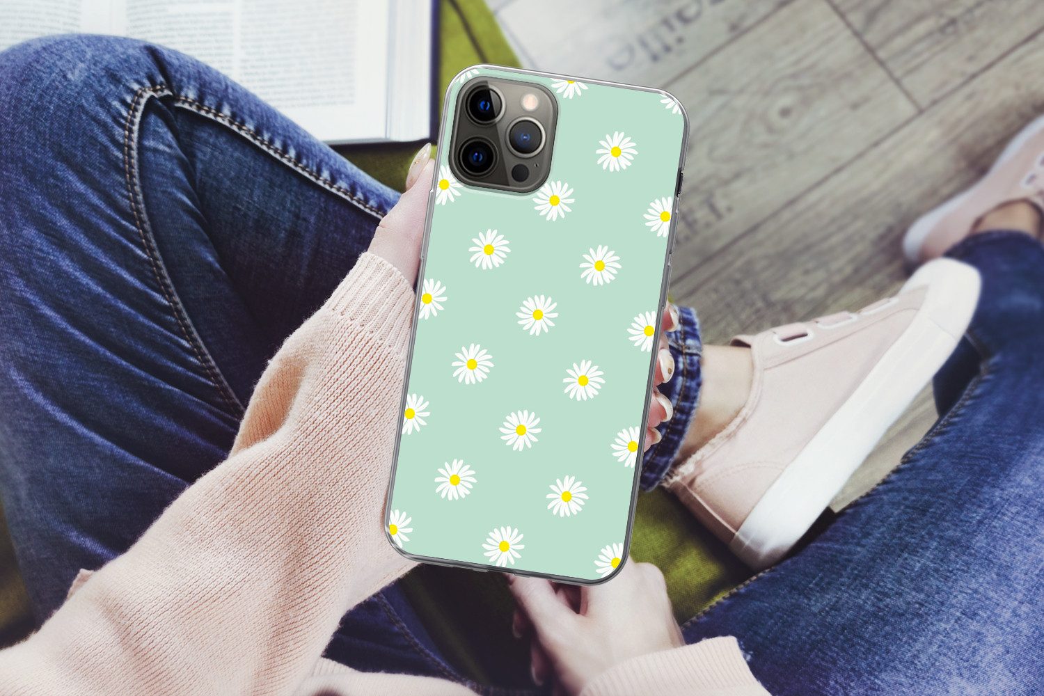 MuchoWow Handyhülle für Apple iPhone 13 Pro Max Gänseblümchen - Pastell - Weiß - Grün - Fl, Smartphone-Bumper, Print, Handy Schutzhülle Dünn
