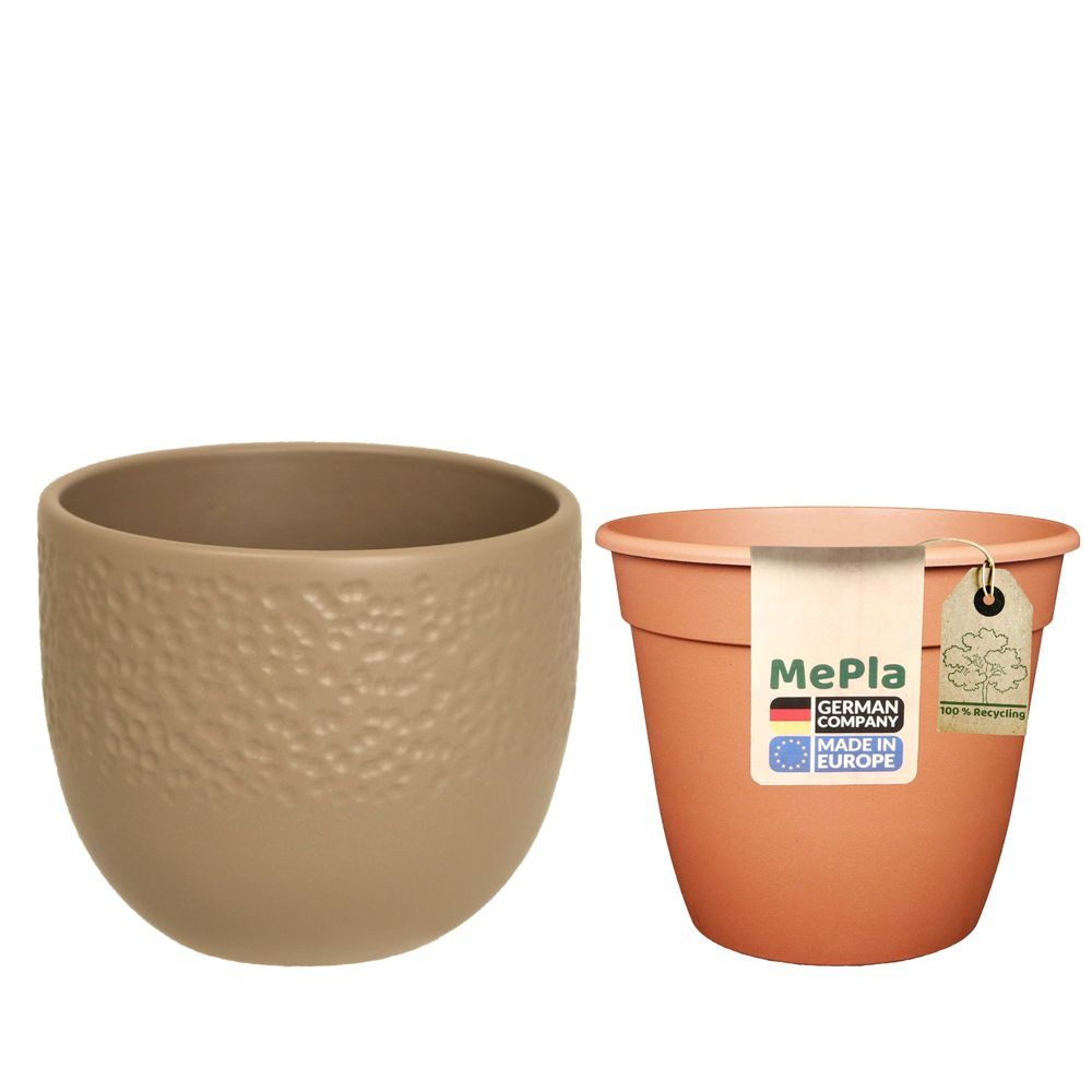 Heimwerkercenter Übertopf MePla - Set - Übertopf 536 Dots ø12 - Taupe-matt + Pflanztopf ø10